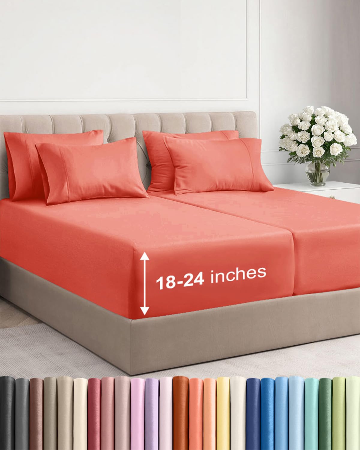 Extra Deep Queen Sheet Set - 6 Piece Breathable and Cooling Sheets - Hotel Luxury Bedding for Women, Men, Kids & Teens - Easy & Secure Fit - Soft, Wrinkle Free and Comfy - Extra Deep Pockets - Coral