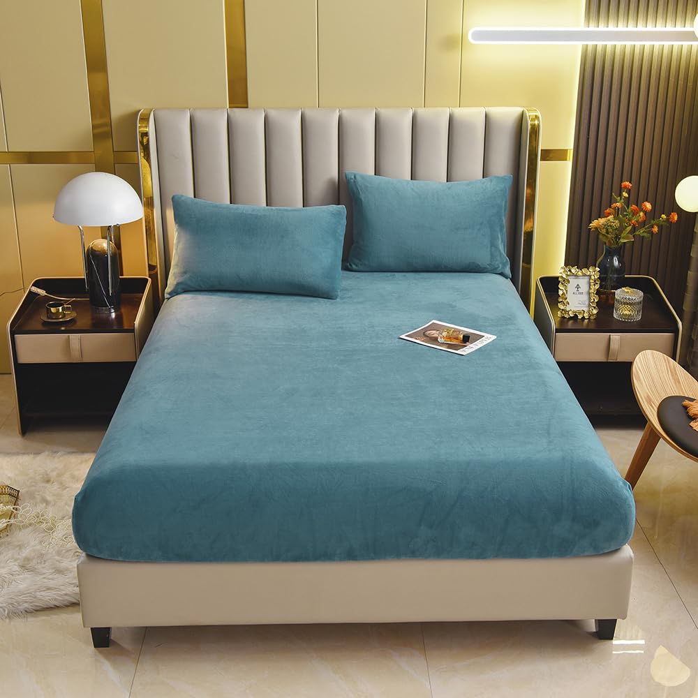Velvet Fitted Sheet Full Size,Fleece Plush Bed Sheet Mattress Protector Cover with 15'' Deep Pocket Warm Fuzzy Bottom Sheet (Not Include Pillowcases)