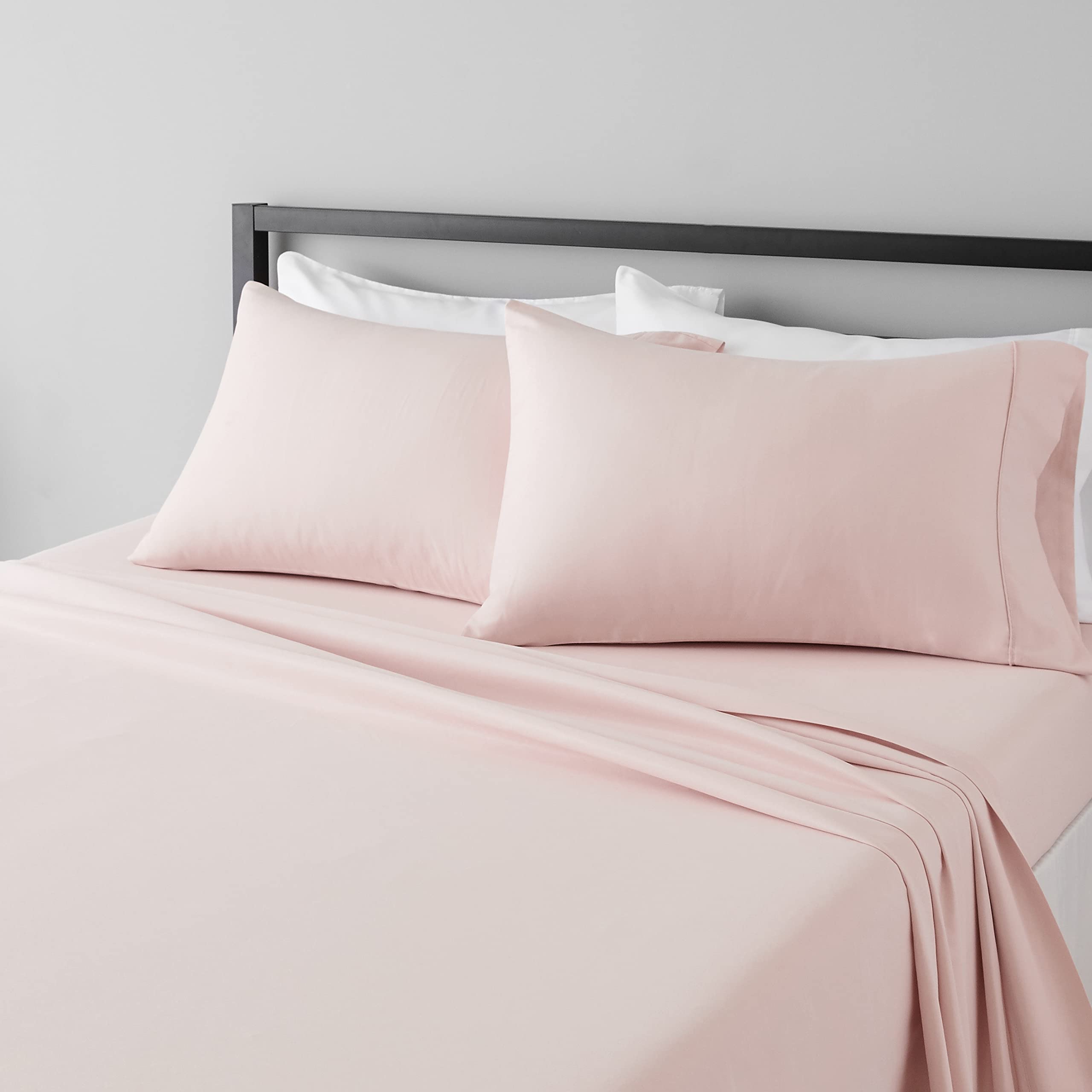 Amazon Basics Breathable, Wrinkle Free Lightweight Microfiber 4-Piece Bed Sheet Set with 14-Inch Deep Pockets, Includes Comfortable Pillowcases, Queen, Peachy Coral, Solid