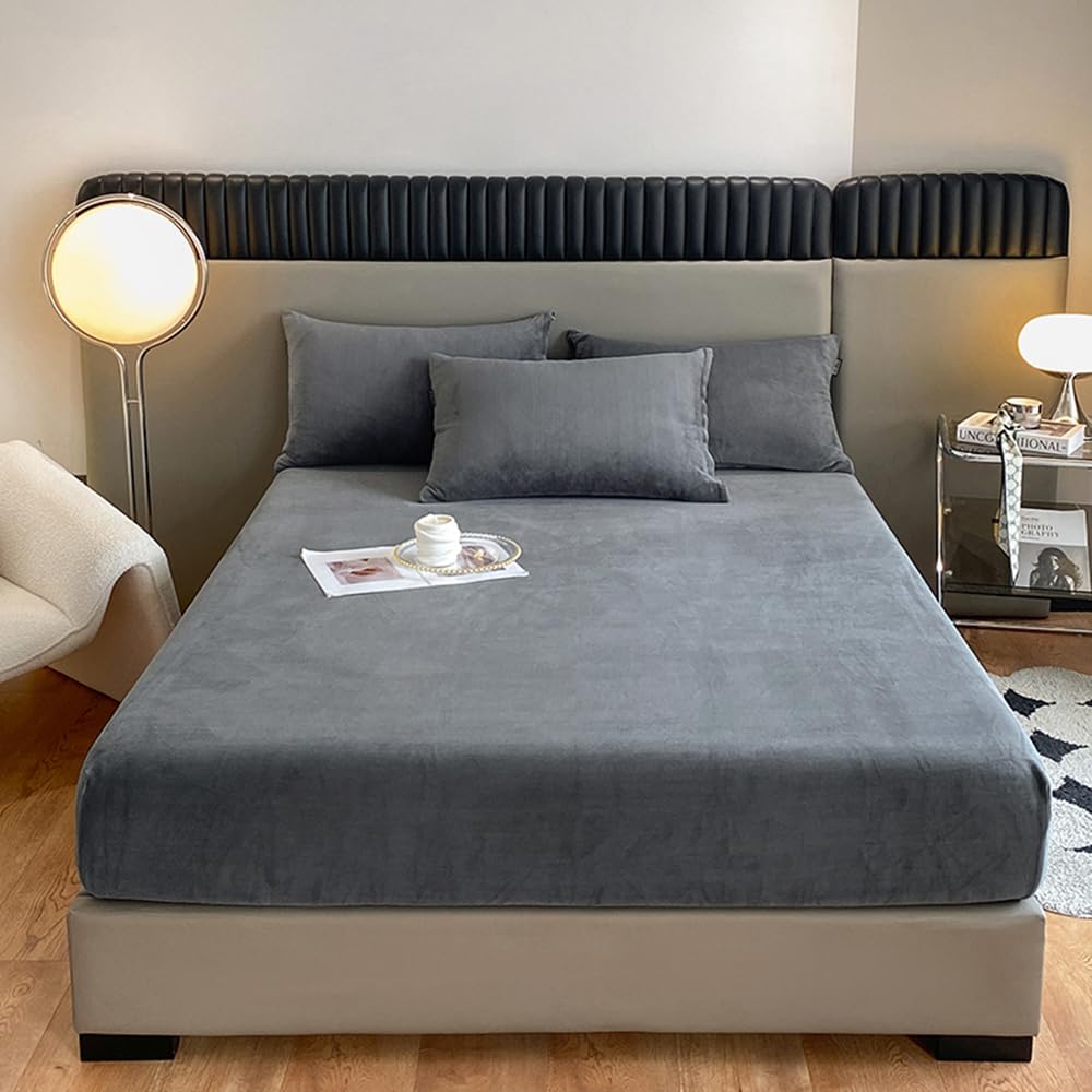 Velvet Fitted Sheet Full Size,Fleece Plush Bed Sheet Mattress Protector Cover with 15'' Deep Pocket Warm Fuzzy Bottom Sheet (Not Include Pillowcases)