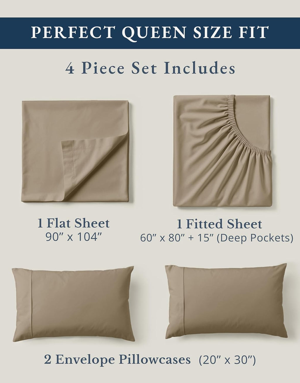 LANE LINEN 100% Organic Cotton Sheets Set Pure Long- Staple Percale Weave - Bedding for Bed Fits Mattress Upto 15" Deep Pocket (Queen Taupe)