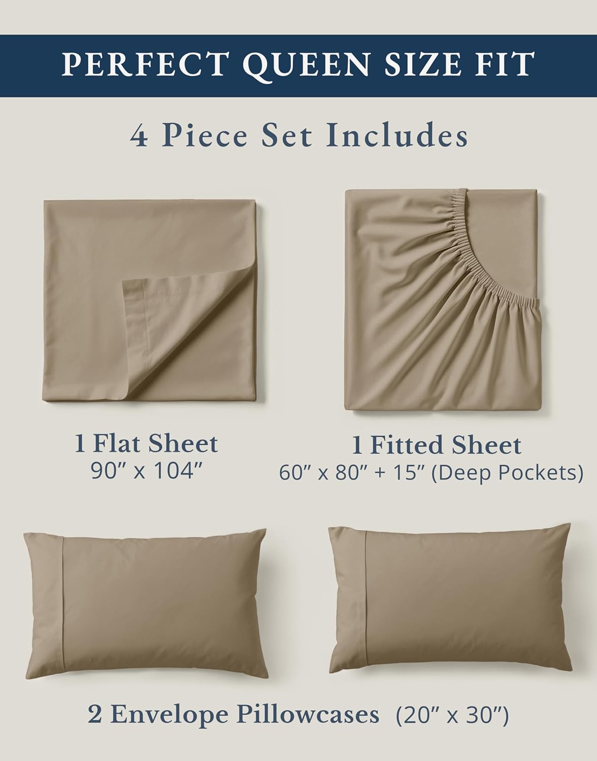 LANE LINEN 100% Organic Cotton Sheets Set Pure Long- Staple Percale Weave - Bedding for Bed Fits Mattress Upto 15" Deep Pocket (Queen Taupe)