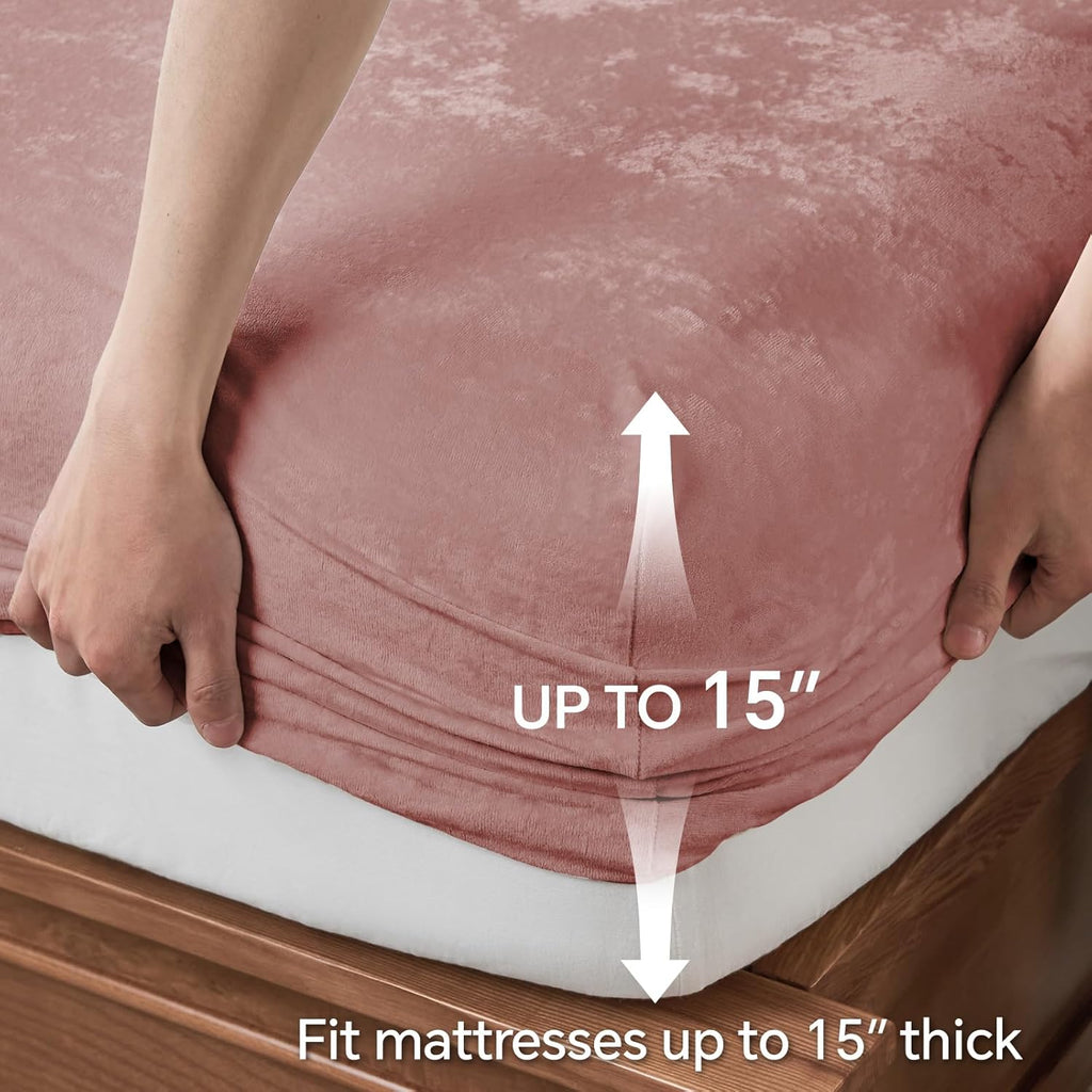 BEDELITE Velvet Fitted Sheet and Pillowcases Set, Luxury Soft Fuzzy Bottom Sheet with Reinforced Elastic Corner Straps, Deep Pocket up to 15 Inch, 1 Fitted Sheet and 2 Pillowcases (Queen, Dusty Pink)