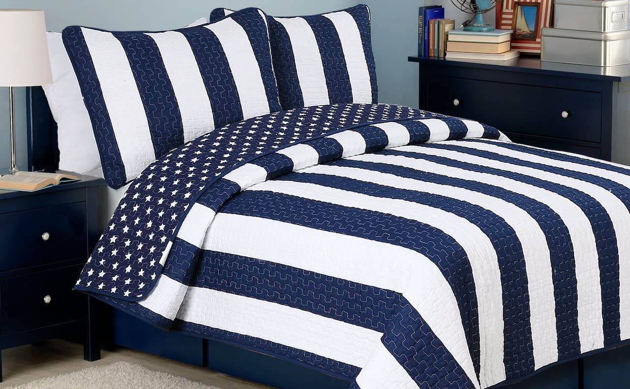 Cozy Line Home Fashions Benjamin Cute Dinosaur Plaid Navy Blue White Grey Bedding Quilt Set 100% Cotton Reversible Coverlet Bedspread Set for Kids Boy(Twin - 2 Piece)