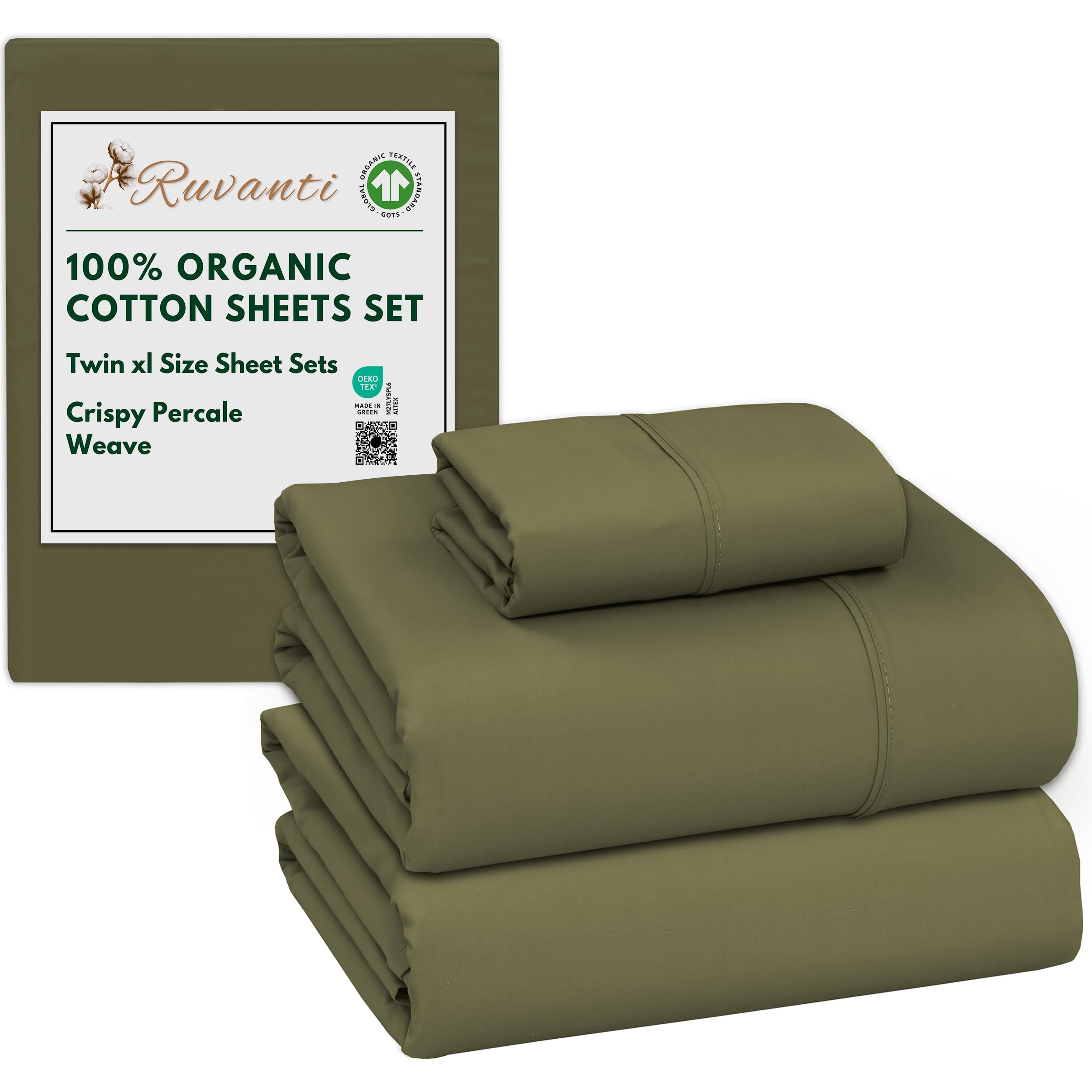 RUVANTI 100% Organic Cotton Sheets Queen Size, Percale Weave, GOTS Certified, 4-Piece Set, Deep Pocket 15", Crisp & Breathable, Soft Durable Bedding, Sábanas Algodón Orgánico – Daisy Bud