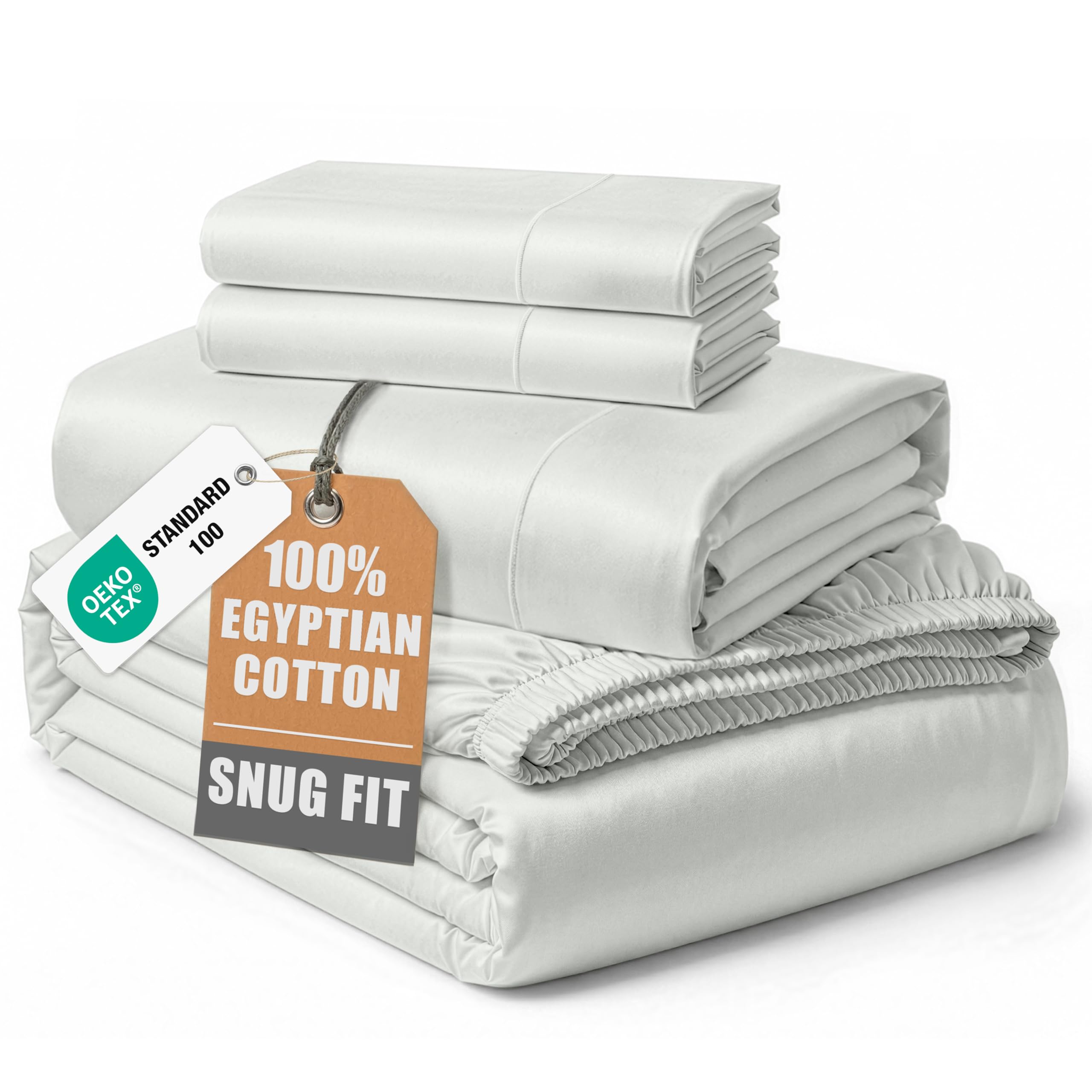 100% Egyptian Cotton Sheets Queen Size - Naturally Cooling & Breathable 4 Piece Silky Sateen Weave Queen Sheet Set, Ultra-Soft & Durable Hotel Luxury Sheets with 15" Snug Fit Deep Pockets - White