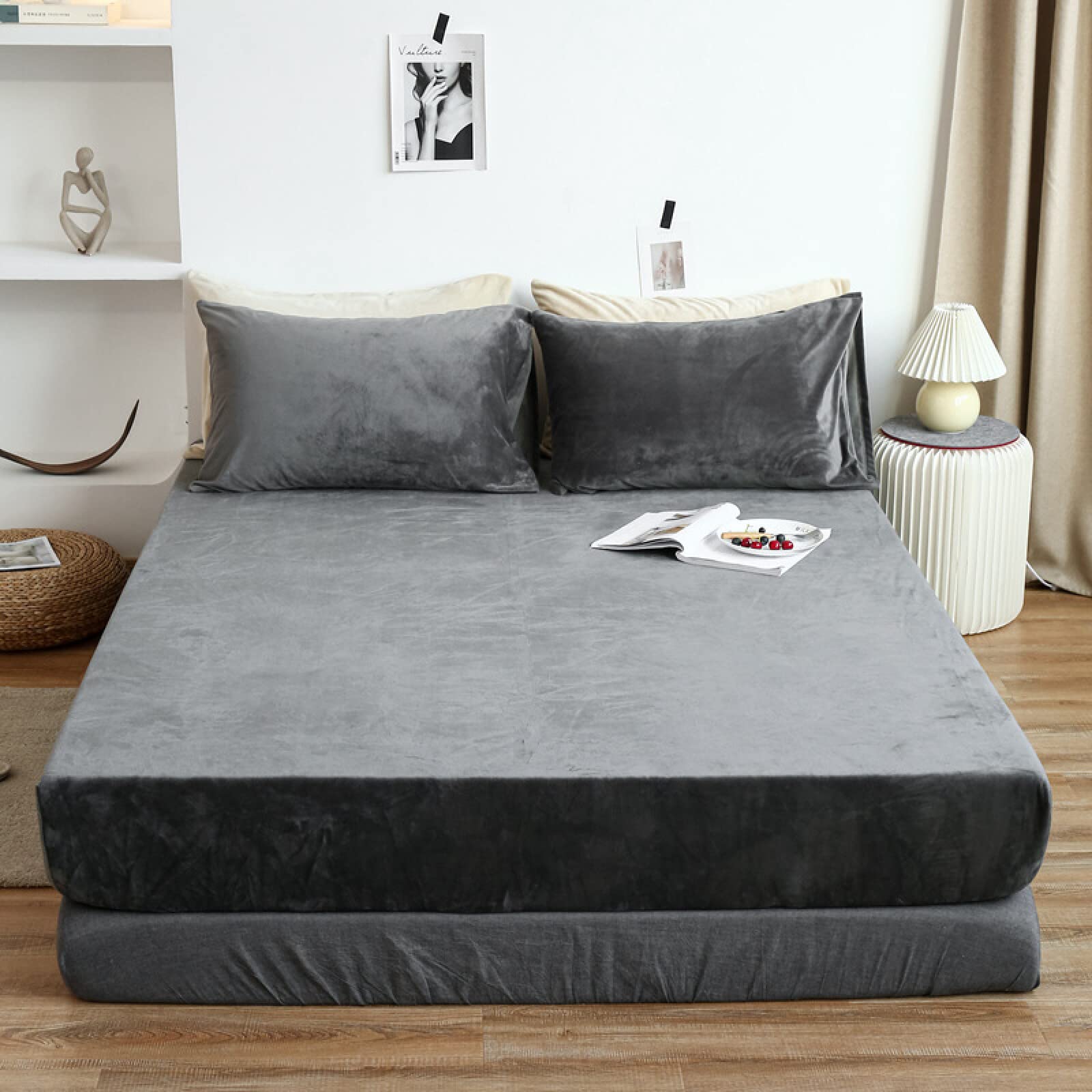 King Fitted Sheet,Winter Warm Coral Fleece Extra-Deep Pocket Sheets, Bedroom Hotel Homestay Queen Pure Color Mattress Protector Pillowcase,Purple,120cmx200cm (3pcs)