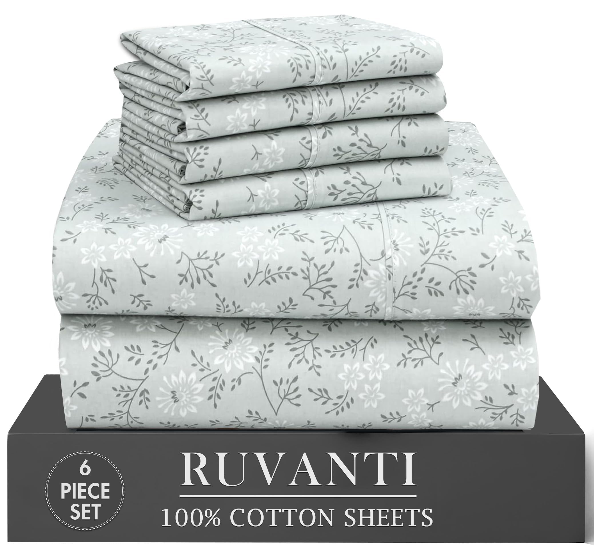 RUVANTI 6 Pcs Cotton Sheets - 100% Natural Cotton Soft, Lightweight & Breathable Crispy Percale Bed Sheets, Queen Sheet Set 16" Deep Pockets, Wild Flower