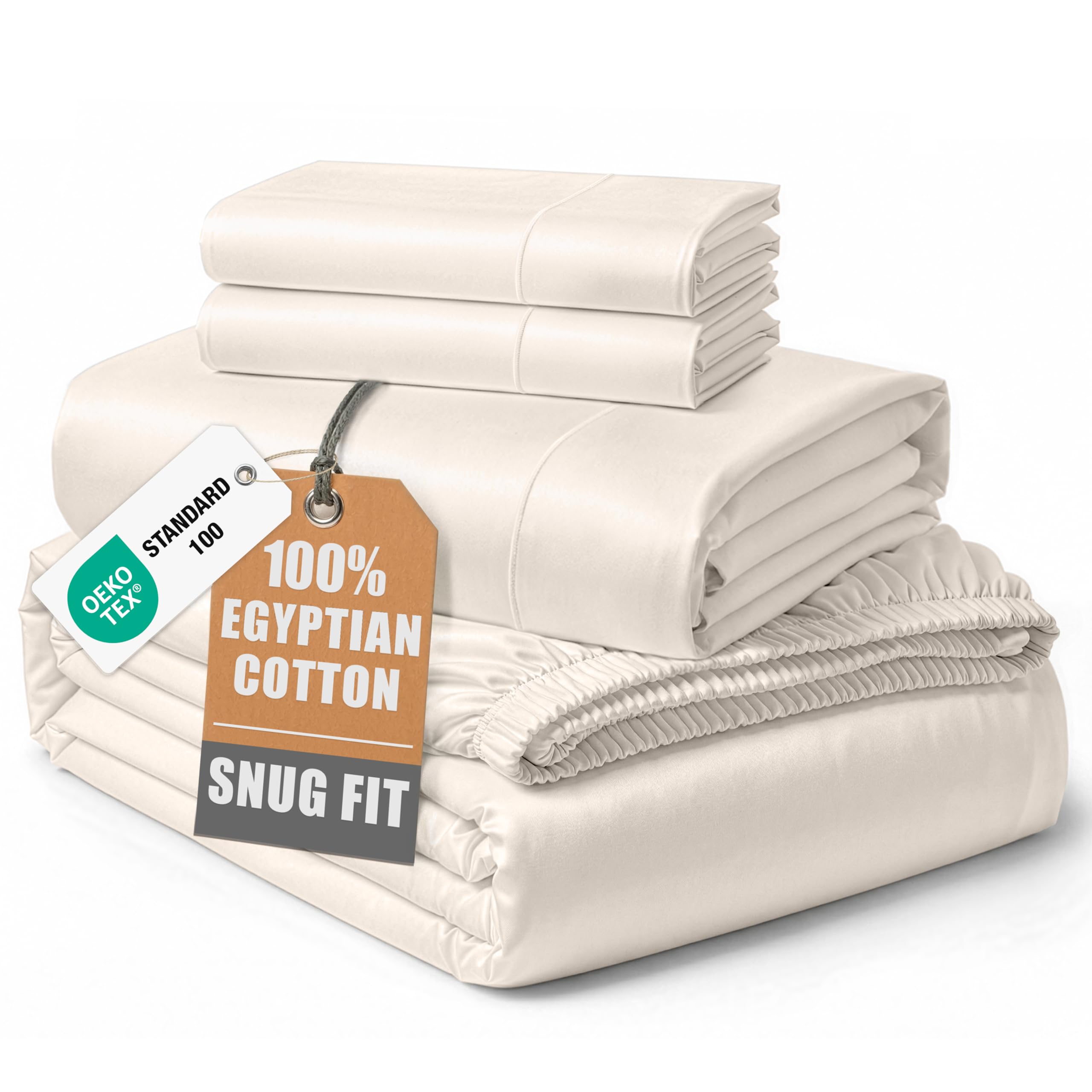100% Egyptian Cotton Sheets Queen Size - Naturally Cooling & Breathable 4 Piece Silky Sateen Weave Queen Sheet Set, Ultra-Soft & Durable Hotel Luxury Sheets with 15" Snug Fit Deep Pockets - White