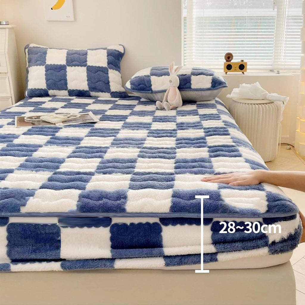 Coral Fleece Fitted Sheet with Two Pillowcases,Queen Size Super Soft Warm Plush Bed Sheets,12" Deep Pocket Single/Double Sheet,Suitable for Any Mattress(E,200x220cm)