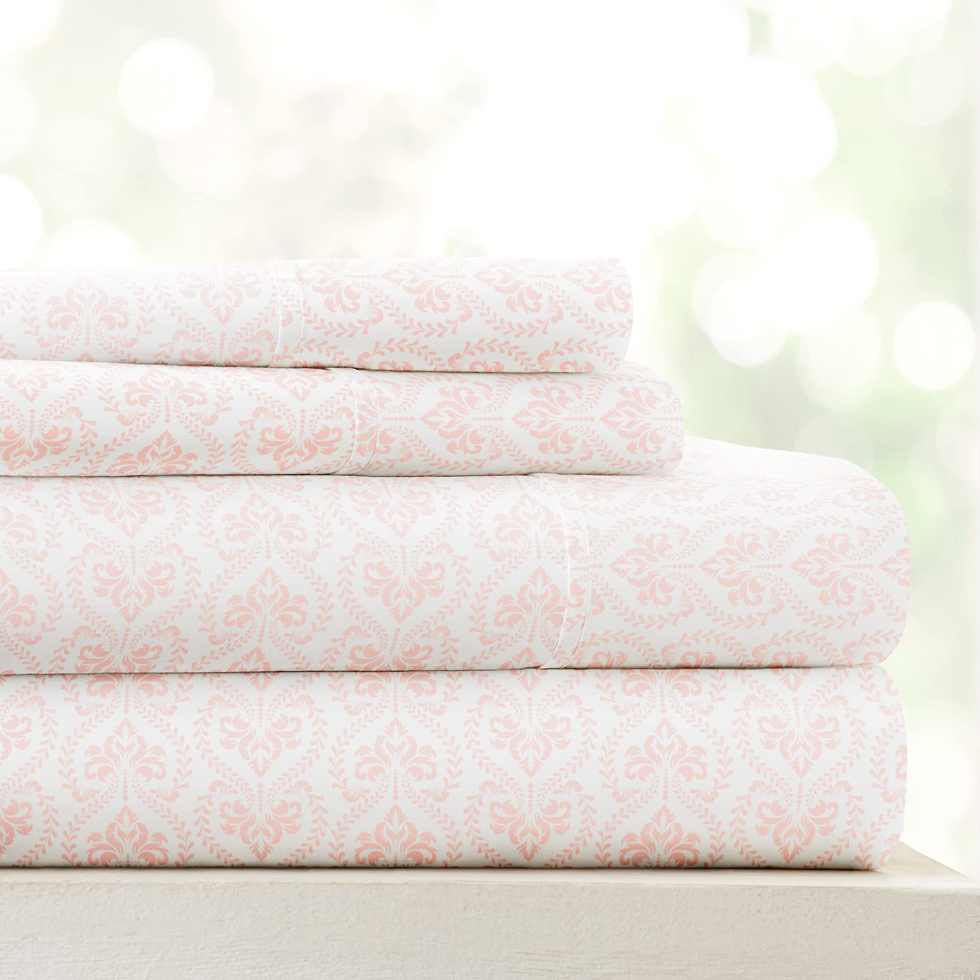 Linen Market 4 Piece Queen Sheet Set - Breathable, Double-Brushed Patterned Cooling Sheets – Oeko-TEX Certified Ultra Soft & Wrinkle-Free 16" Deep-Pocket Queen Sheets - Easy Care Soft Floral Pink