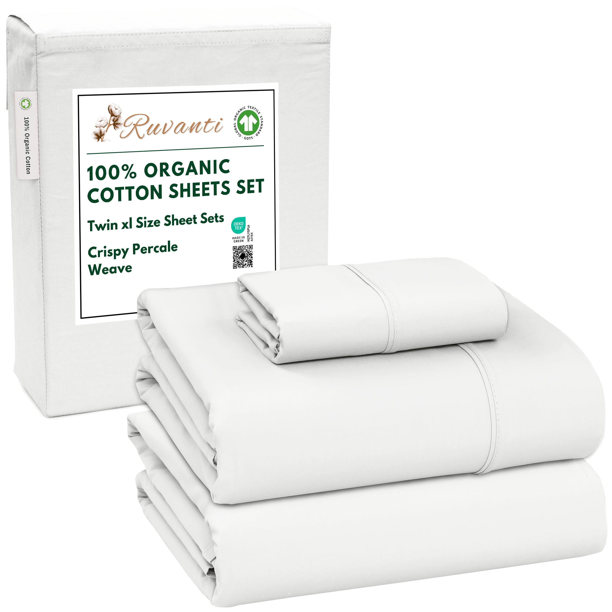RUVANTI 100% Organic Cotton Sheets Queen Size, Percale Weave, GOTS Certified, 4-Piece Set, Deep Pocket 15", Crisp & Breathable, Soft Durable Bedding, Sábanas Algodón Orgánico – Daisy Bud