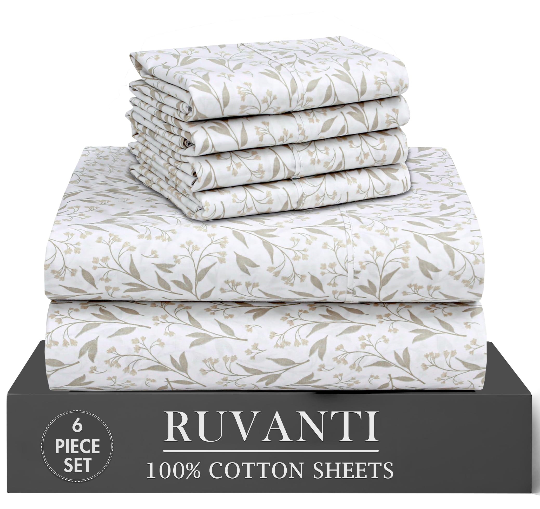 RUVANTI 6 Pcs Cotton Sheets - 100% Natural Cotton Soft, Lightweight & Breathable Crispy Percale Bed Sheets, Queen Sheet Set 16" Deep Pockets, Wild Flower