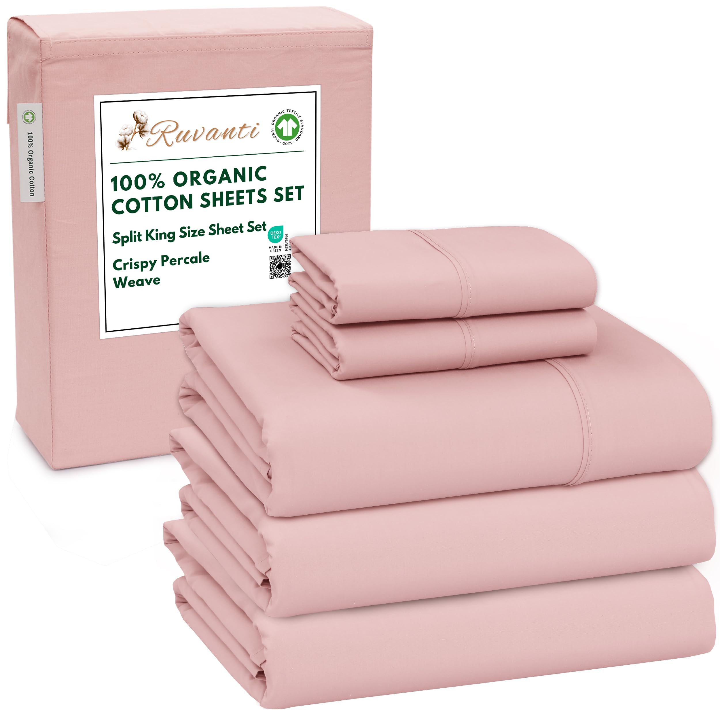 RUVANTI 100% Organic Cotton Sheets Queen Size, Percale Weave, GOTS Certified, 4-Piece Set, Deep Pocket 15", Crisp & Breathable, Soft Durable Bedding, Sábanas Algodón Orgánico – Daisy Bud