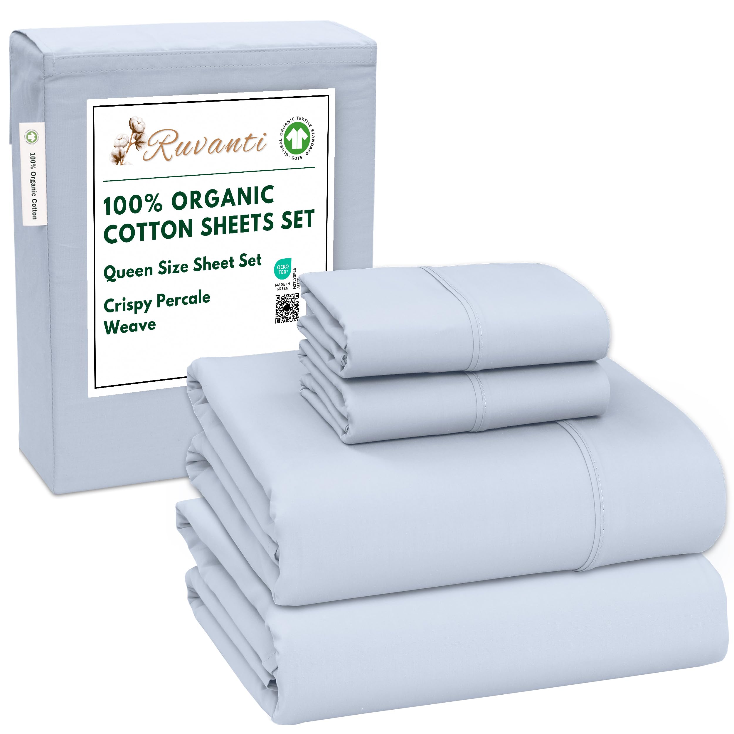 RUVANTI 100% Organic Cotton Sheets Queen Size, Percale Weave, GOTS Certified, 4-Piece Set, Deep Pocket 15", Crisp & Breathable, Soft Durable Bedding, Sábanas Algodón Orgánico – Daisy Bud