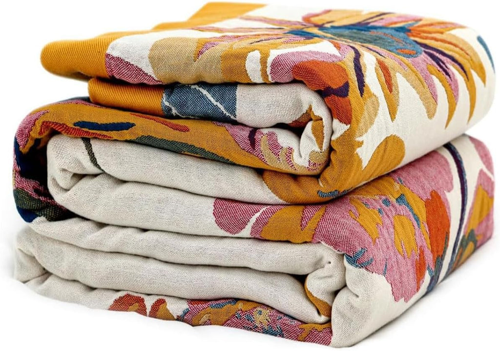 Boho Throw Blanket - 100% Cotton Soft Spring Throw Blanket for Bed, 90"x108" Reversible Breathable Lightweight Blankets, All Seasons Farmhouse Decor Floral Plant Butterfly Throw Quilt