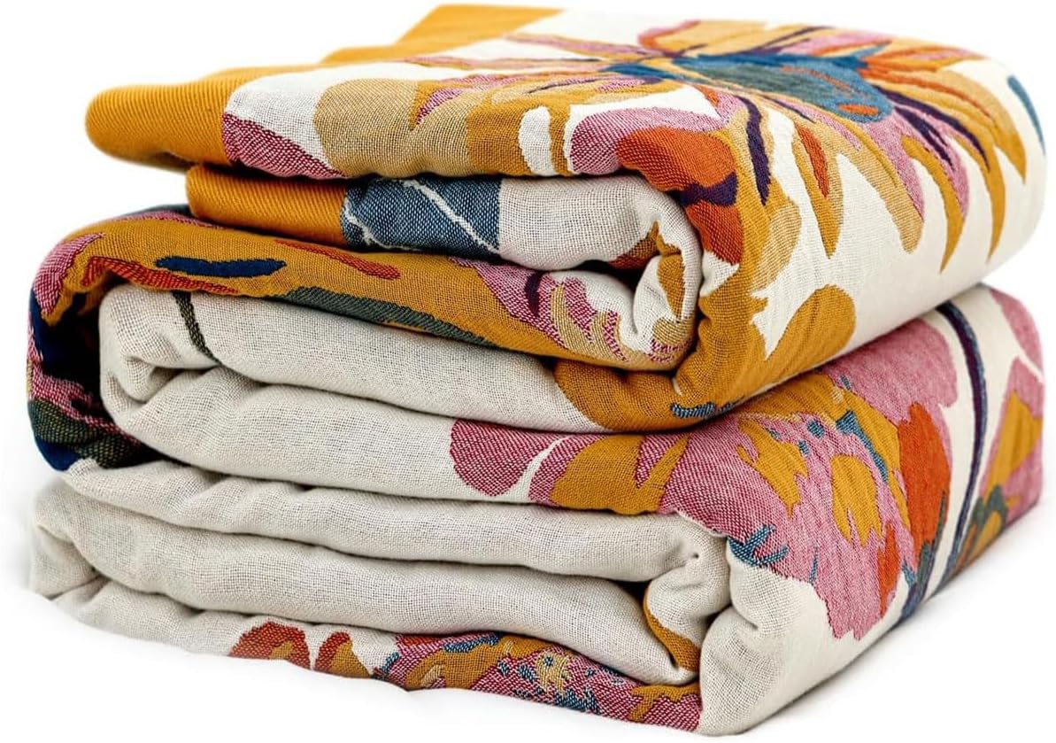 Boho Throw Blanket - 100% Cotton Soft Spring Throw Blanket for Bed, 90"x108" Reversible Breathable Lightweight Blankets, All Seasons Farmhouse Decor Floral Plant Butterfly Throw Quilt