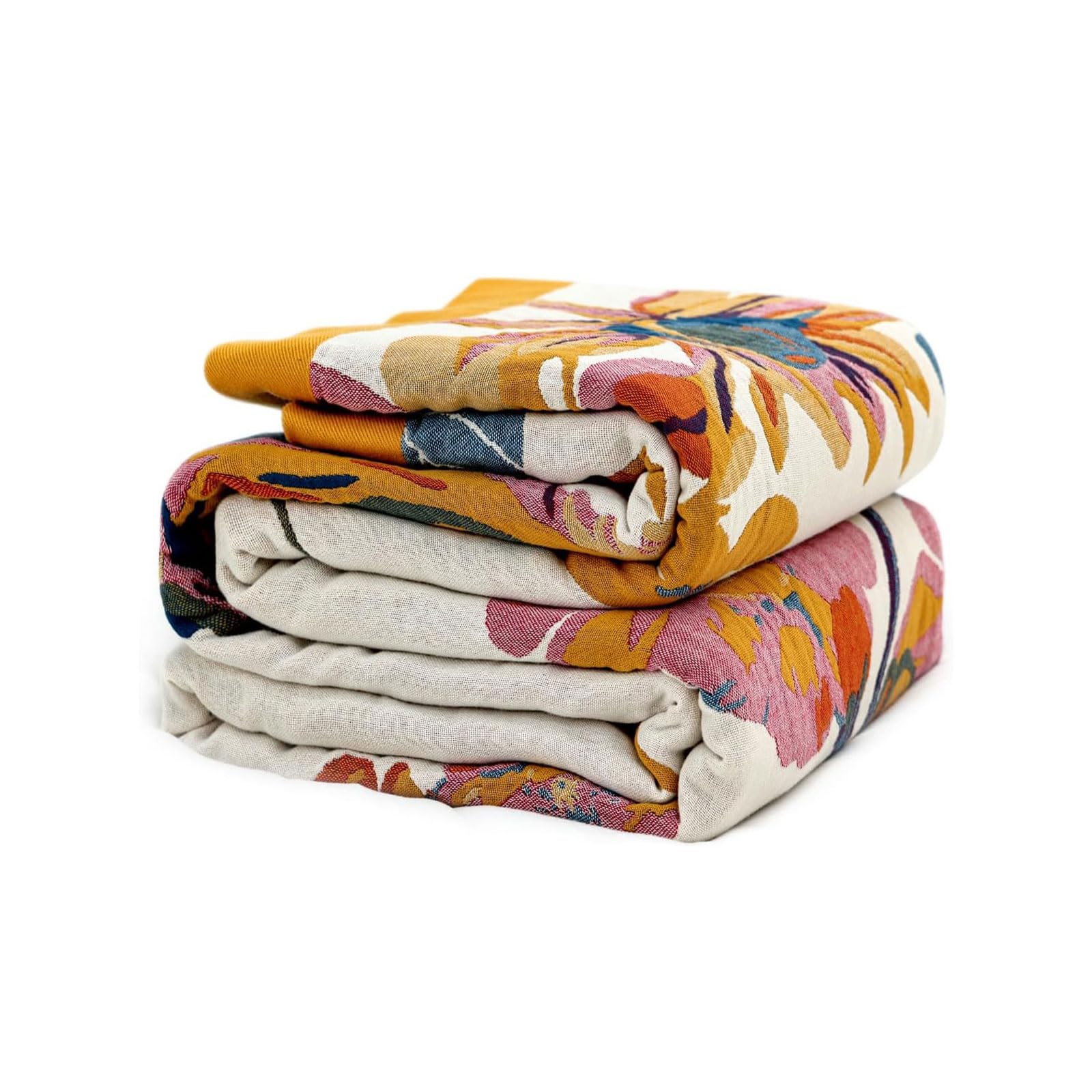 Boho Throw Blanket - 100% Cotton Soft Spring Throw Blanket for Bed, 90"x108" Reversible Breathable Lightweight Blankets, All Seasons Farmhouse Decor Floral Plant Butterfly Throw Quilt