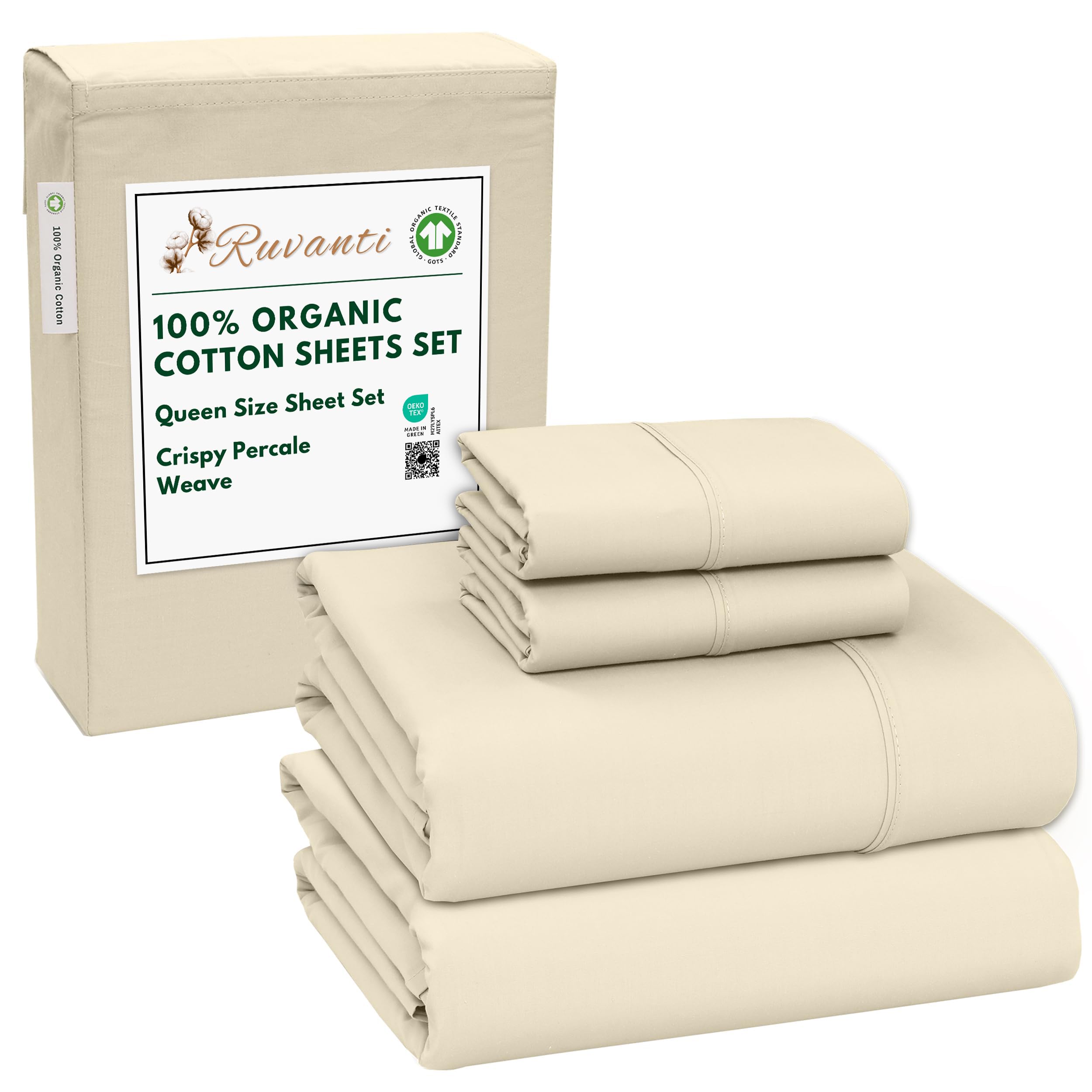 RUVANTI 100% Organic Cotton Sheets Queen Size, Percale Weave, GOTS Certified, 4-Piece Set, Deep Pocket 15", Crisp & Breathable, Soft Durable Bedding, Sábanas Algodón Orgánico – Daisy Bud