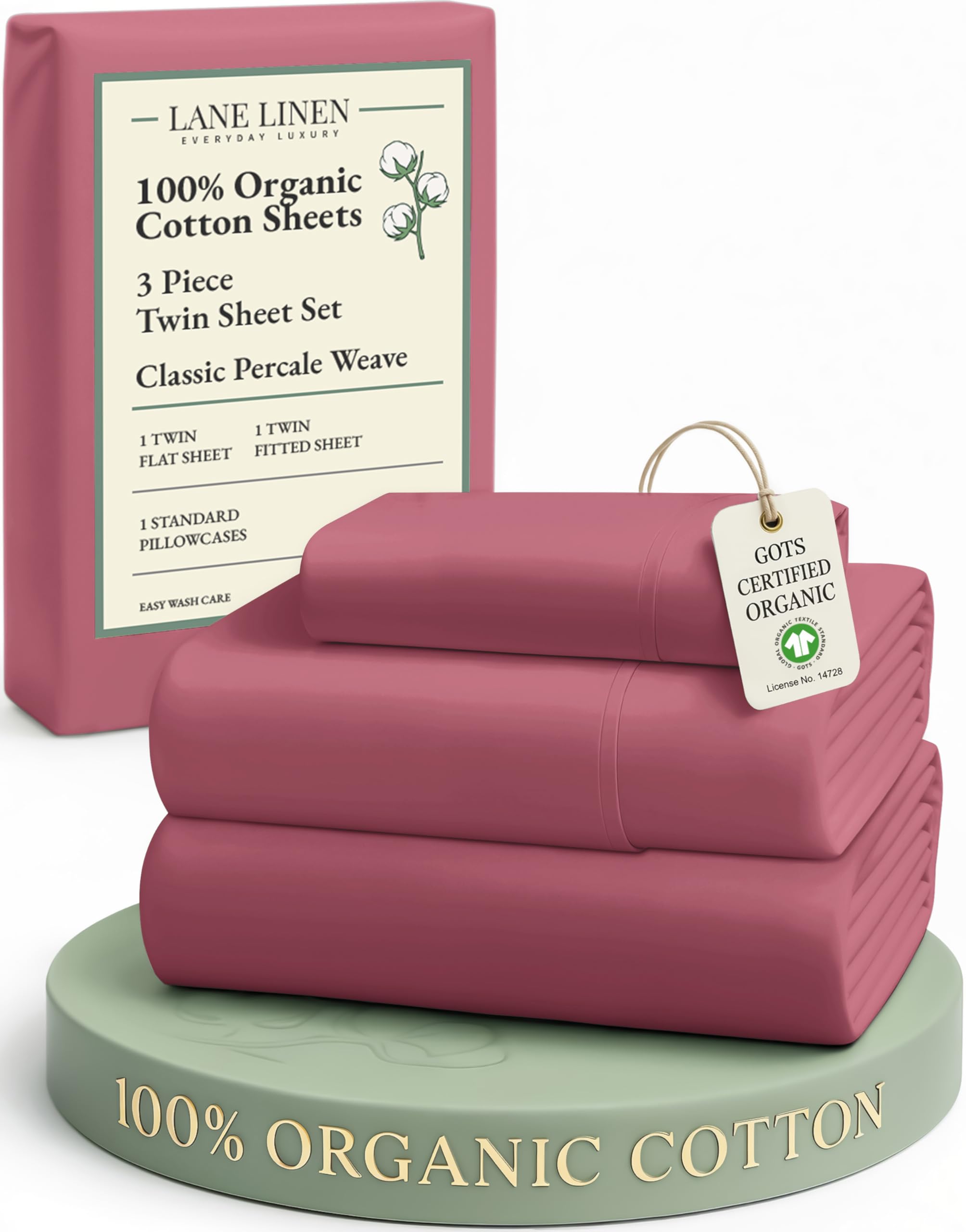 LANE LINEN Eco Friendly 100% Organic Cotton Twin Sheet Set, Hotel Quality Premium Bedding Sheets & Pillowcases Set Twin Size, Soft & Comfy Percale Sheets, Machine Wash Bed Sheets- Sepia Rose