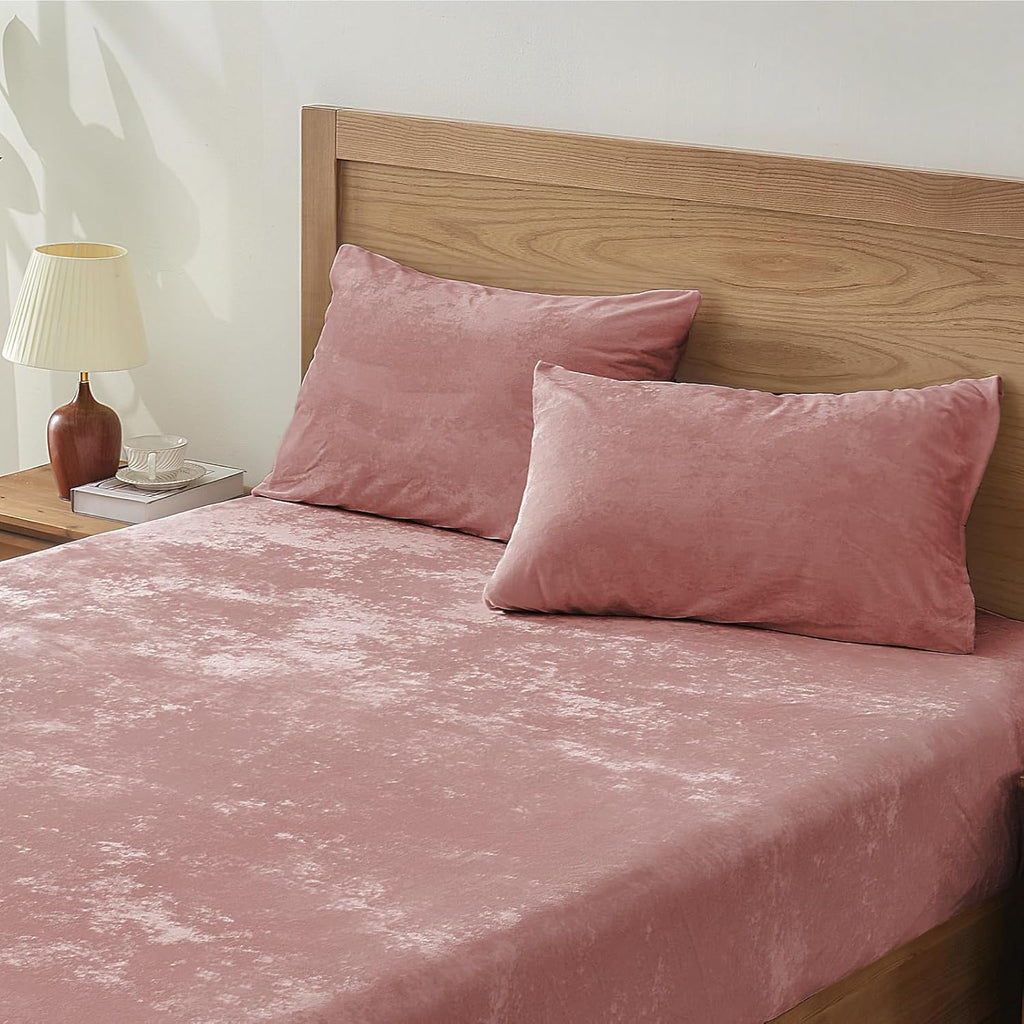 BEDELITE Velvet Fitted Sheet and Pillowcases Set, Luxury Soft Fuzzy Bottom Sheet with Reinforced Elastic Corner Straps, Deep Pocket up to 15 Inch, 1 Fitted Sheet and 2 Pillowcases (Queen, Dusty Pink)