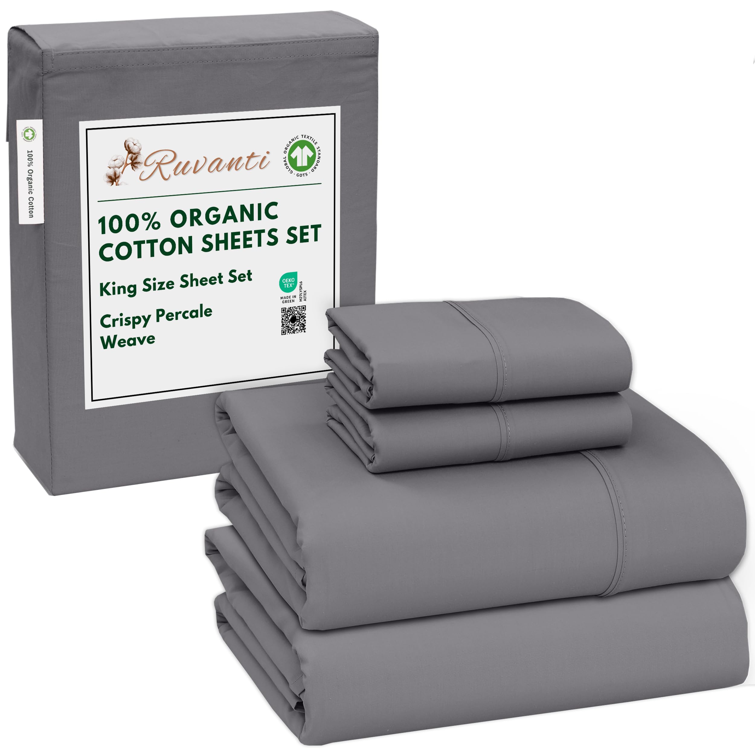 RUVANTI 100% Organic Cotton Sheets Queen Size, Percale Weave, GOTS Certified, 4-Piece Set, Deep Pocket 15", Crisp & Breathable, Soft Durable Bedding, Sábanas Algodón Orgánico – Daisy Bud