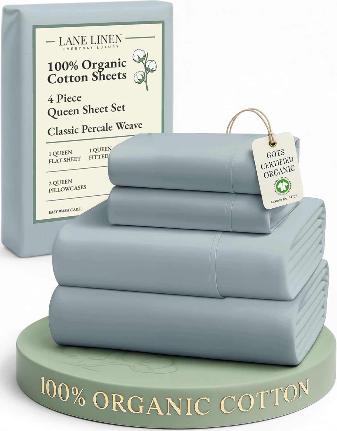 LANE LINEN 100% Organic Cotton Eco Friendly Sustainably Produced Queen Sheets Set, Low Pill Fade Resistant Machine Wash Fully Elasticized Cotton Bedding Queen Set- French Blue