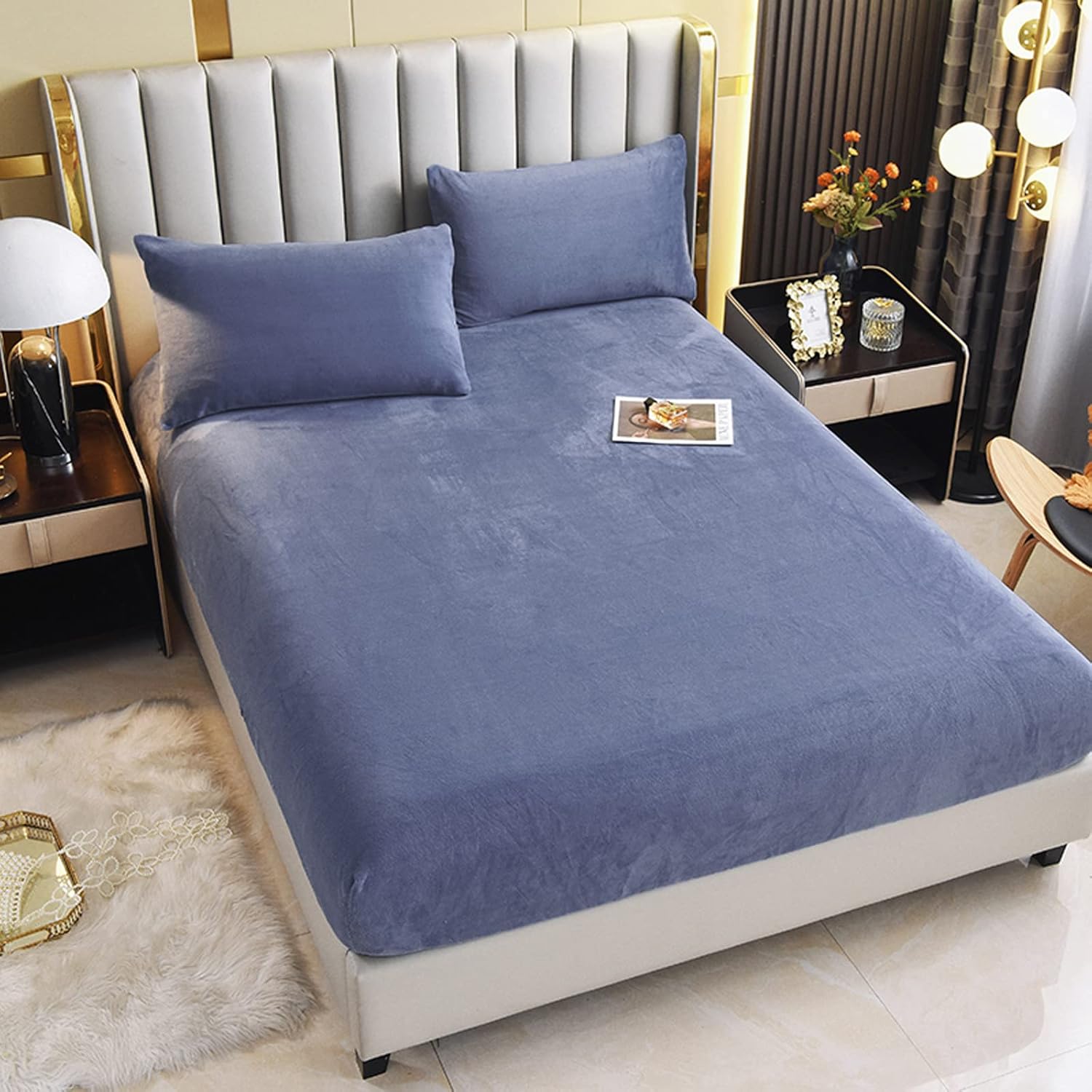 Velvet Fitted Sheet Full Size,Fleece Plush Bed Sheet Mattress Protector Cover with 15'' Deep Pocket Warm Fuzzy Bottom Sheet (Not Include Pillowcases)