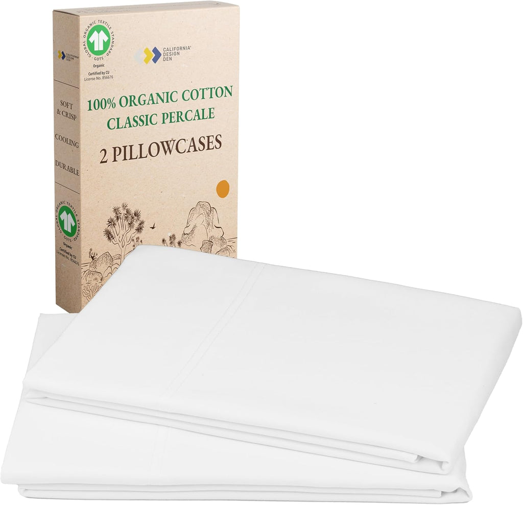 California Design Den 100% Organic Cotton Pillow Cases Queen/Standard Set of 2, Soft & Crisp Percale Weave Cotton Pillowcases (Bright White)