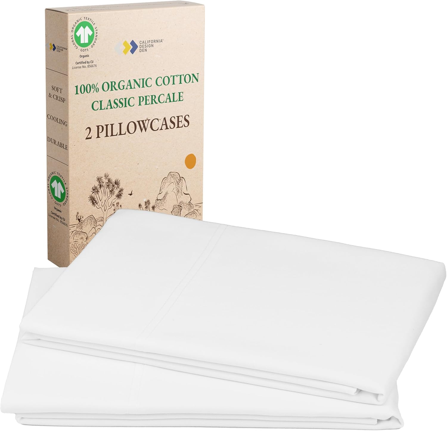 California Design Den 100% Organic Cotton Pillow Cases Queen/Standard Set of 2, Soft & Crisp Percale Weave Cotton Pillowcases (Bright White)
