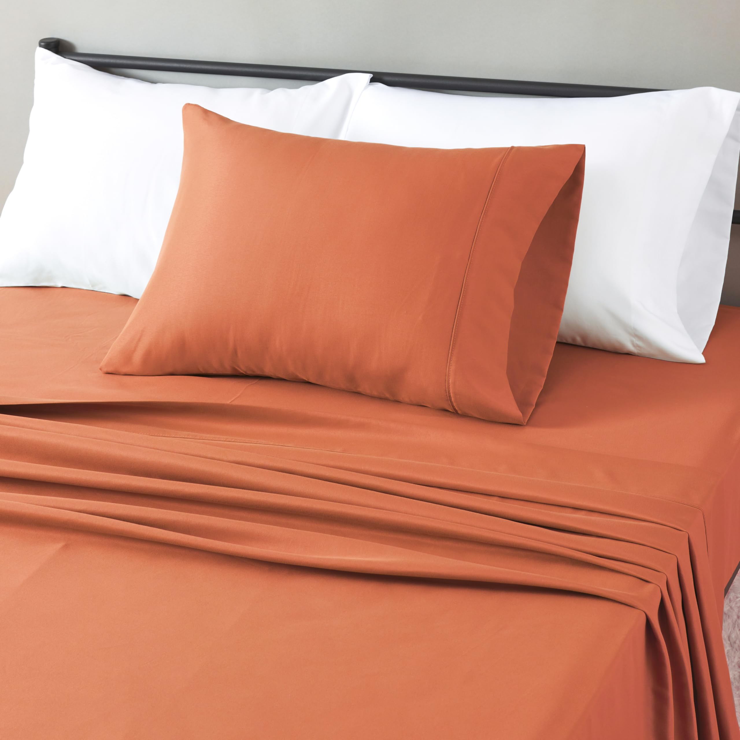 Amazon Basics Breathable, Wrinkle Free Lightweight Microfiber 4-Piece Bed Sheet Set with 14-Inch Deep Pockets, Includes Comfortable Pillowcases, Queen, Peachy Coral, Solid