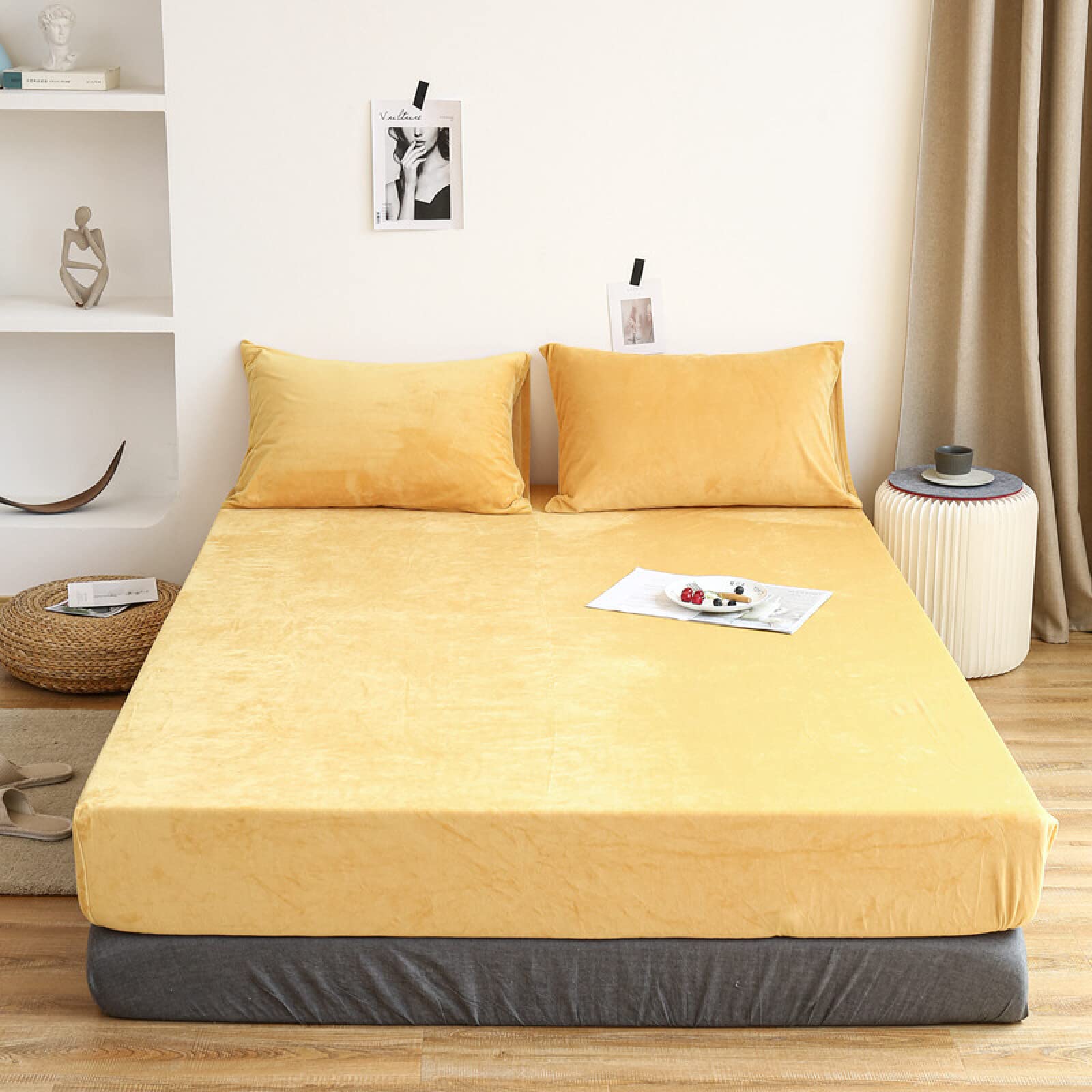 King Fitted Sheet,Winter Warm Coral Fleece Extra-Deep Pocket Sheets, Bedroom Hotel Homestay Queen Pure Color Mattress Protector Pillowcase,Purple,120cmx200cm (3pcs)