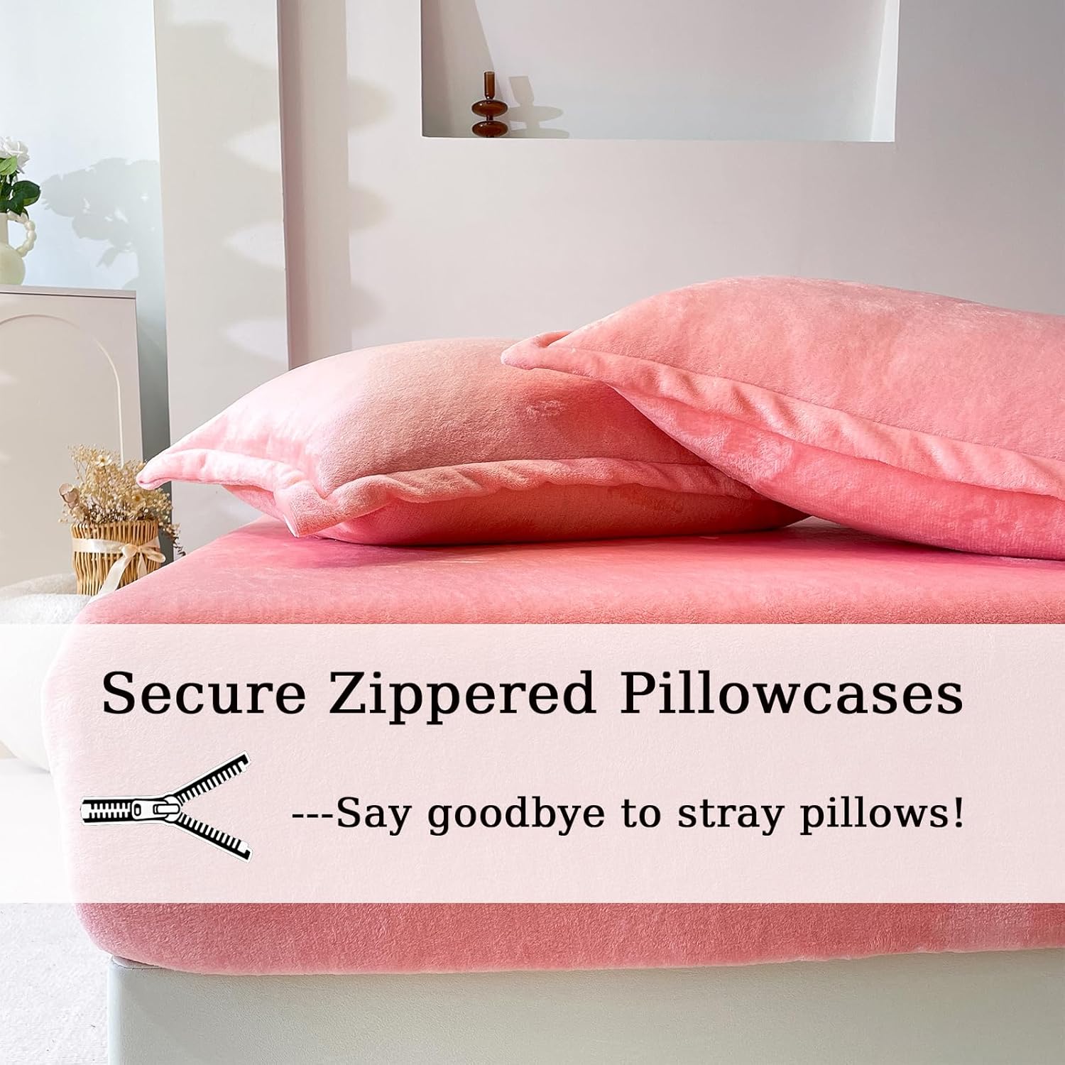MorroMorn Fleece Sheets Queen Size Ultra Soft, Fuzzy Plush Flannel Sheet Set 3 Piece - All Season Bedding Set with 20" Deep Pocket Fitted & 2 Pillowcases, Luxury Velvet Warm Cozy (Pink)