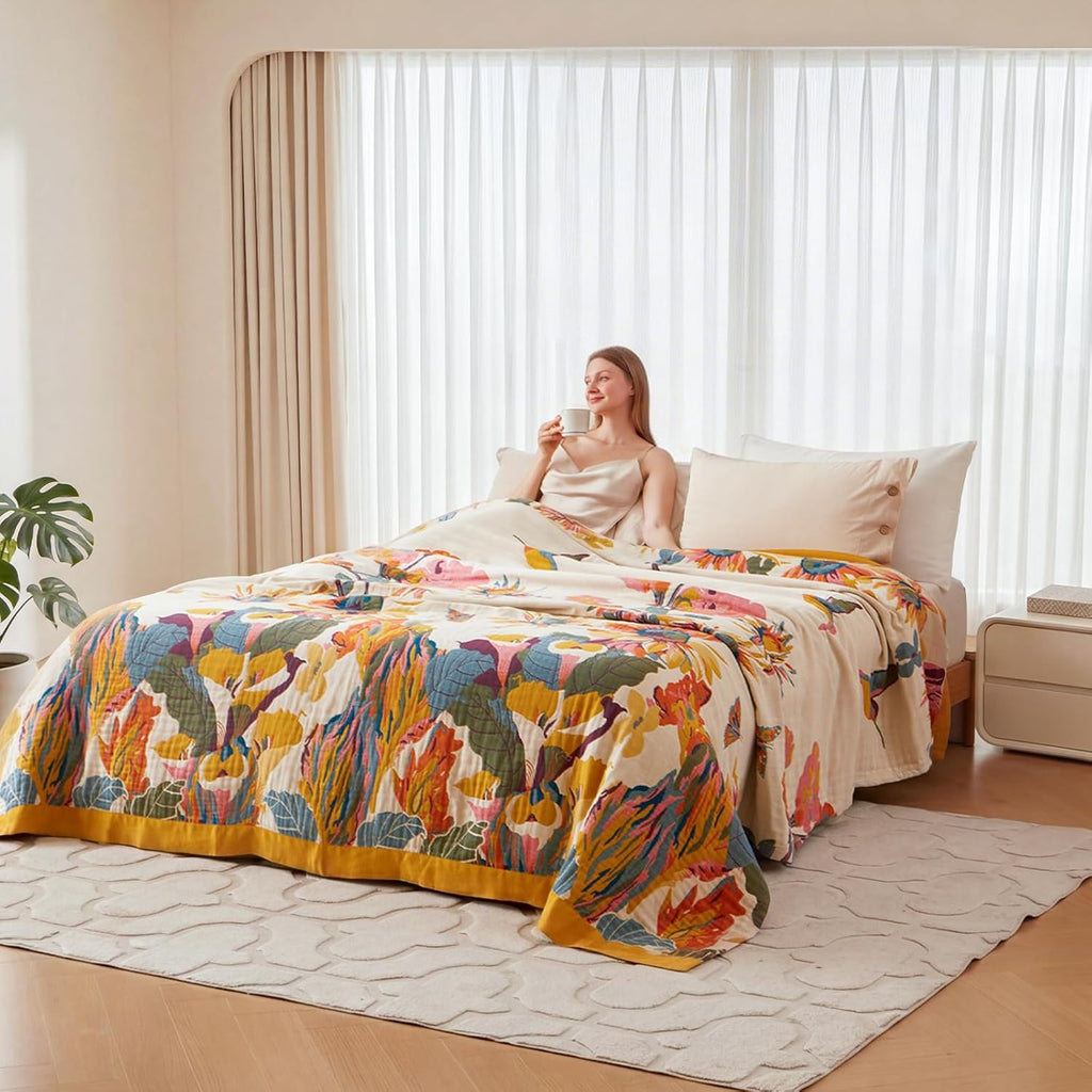 Boho Throw Blanket - 100% Cotton Soft Spring Throw Blanket for Bed, 90"x108" Reversible Breathable Lightweight Blankets, All Seasons Farmhouse Decor Floral Plant Butterfly Throw Quilt