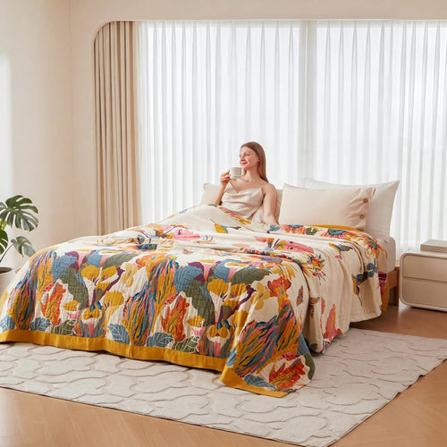 Boho Throw Blanket - 100% Cotton Soft Spring Throw Blanket for Bed, 90"x108" Reversible Breathable Lightweight Blankets, All Seasons Farmhouse Decor Floral Plant Butterfly Throw Quilt