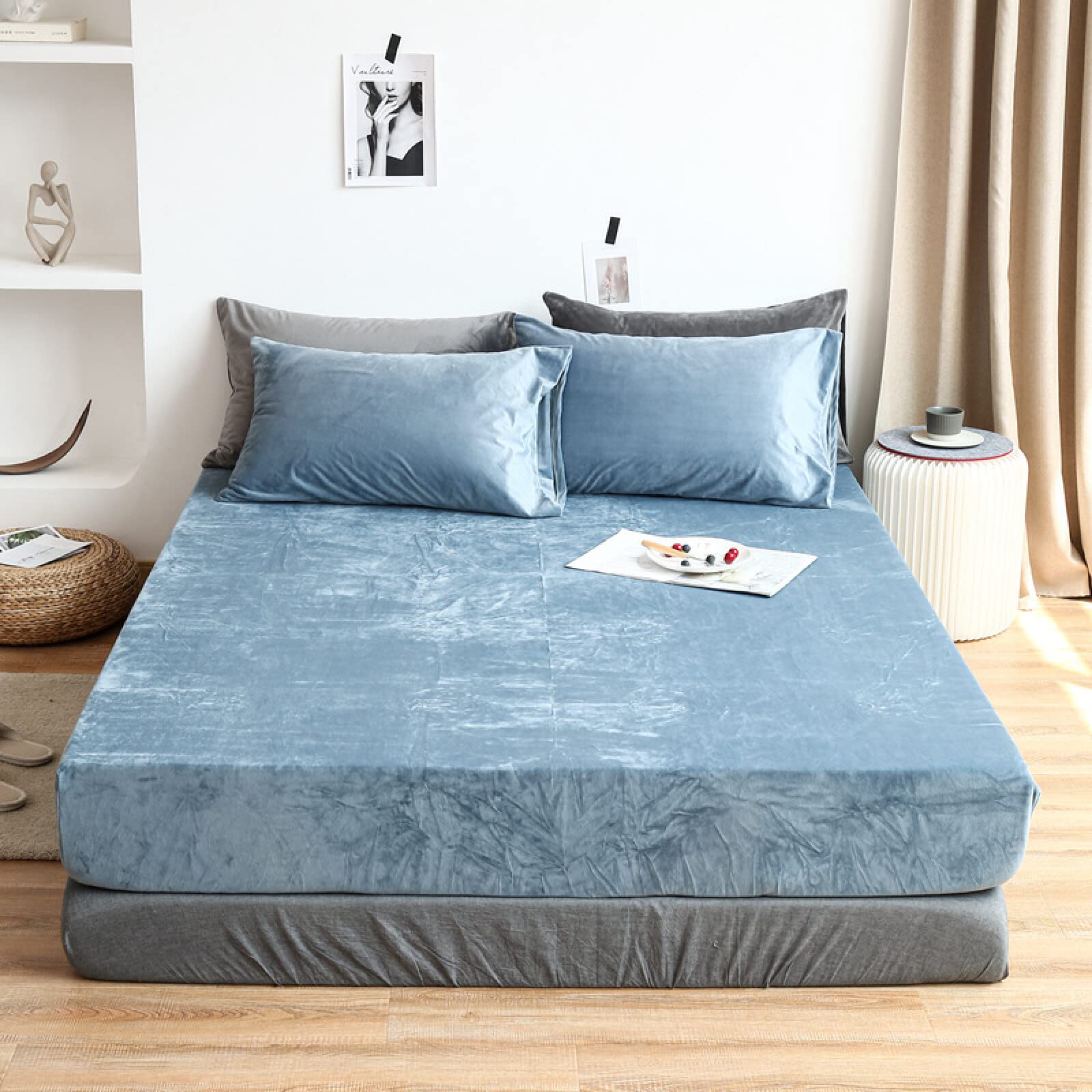 King Fitted Sheet,Winter Warm Coral Fleece Extra-Deep Pocket Sheets, Bedroom Hotel Homestay Queen Pure Color Mattress Protector Pillowcase,Purple,120cmx200cm (3pcs)
