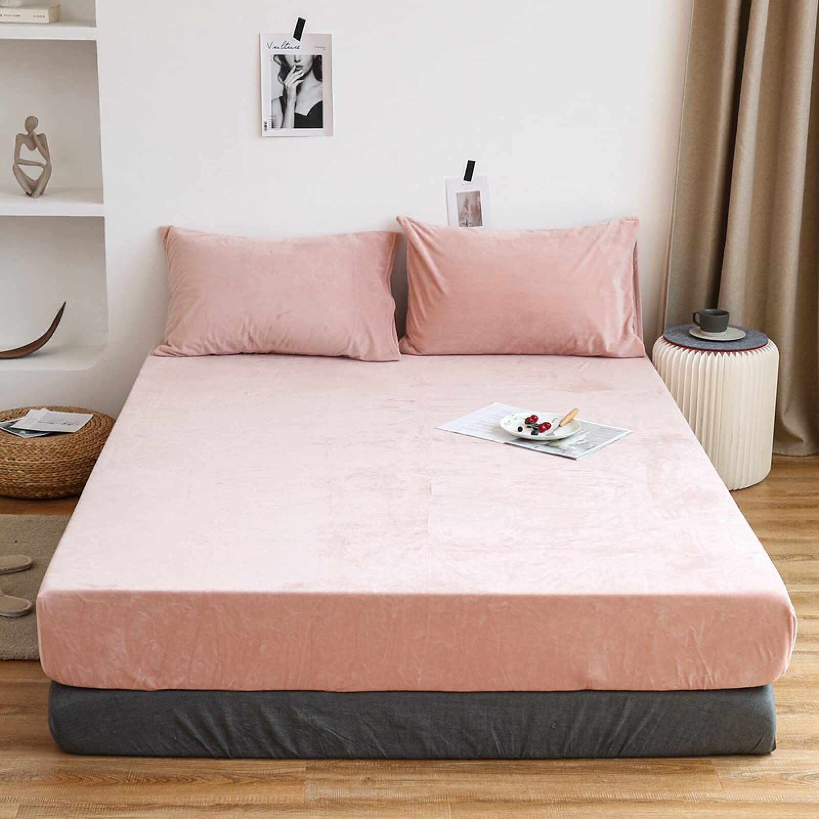 King Fitted Sheet,Winter Warm Coral Fleece Extra-Deep Pocket Sheets, Bedroom Hotel Homestay Queen Pure Color Mattress Protector Pillowcase,Purple,120cmx200cm (3pcs)