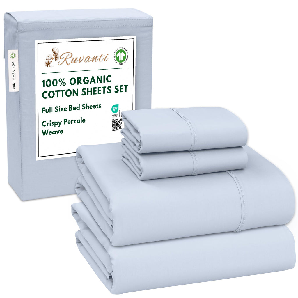 RUVANTI 100% Organic Cotton Sheets Queen Size, Percale Weave, GOTS Certified, 4-Piece Set, Deep Pocket 15", Crisp & Breathable, Soft Durable Bedding, Sábanas Algodón Orgánico – Daisy Bud