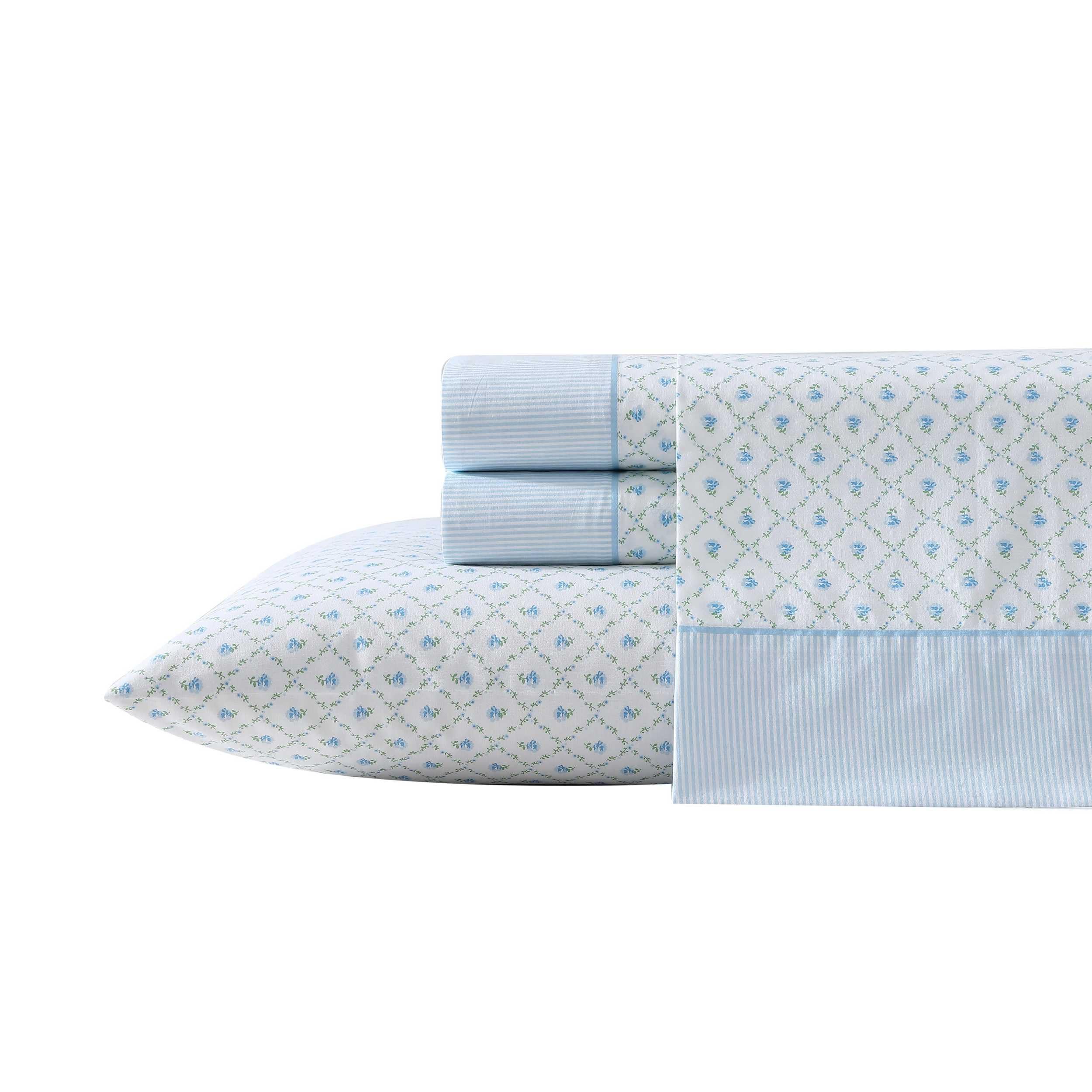 Laura Ashley - Queen Sheet Set, Crisp & Cool Sheets w/a Naturally Smooth Cotton Percale Feel, Deep Pocket, Bed Sheets with Matching Pillowcases & Fitted Sheet (Francesca Blue)