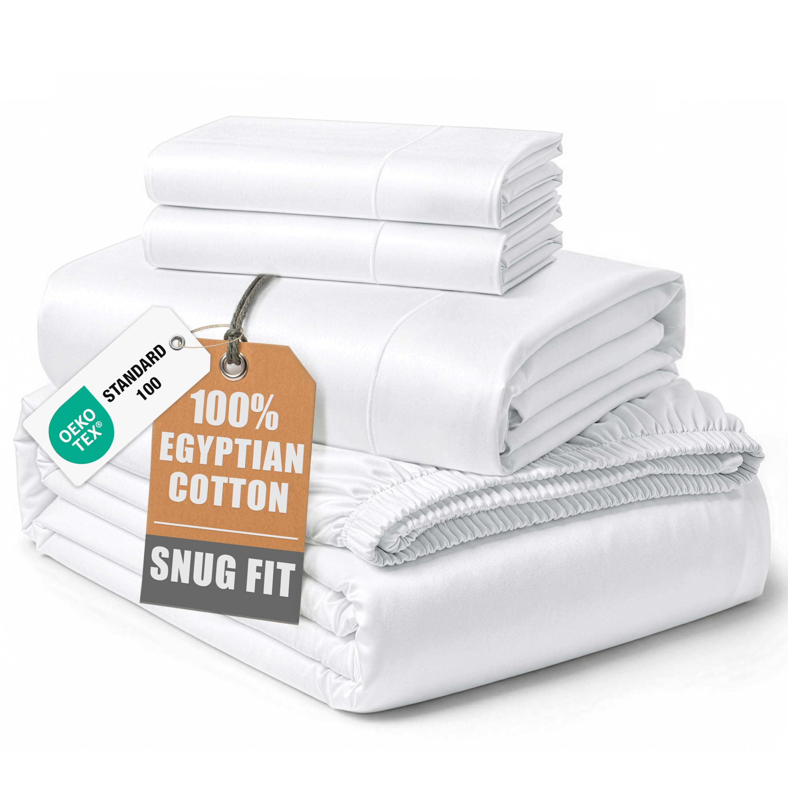 100% Egyptian Cotton Sheets Queen Size - Naturally Cooling & Breathable 4 Piece Silky Sateen Weave Queen Sheet Set, Ultra-Soft & Durable Hotel Luxury Sheets with 15" Snug Fit Deep Pockets - White