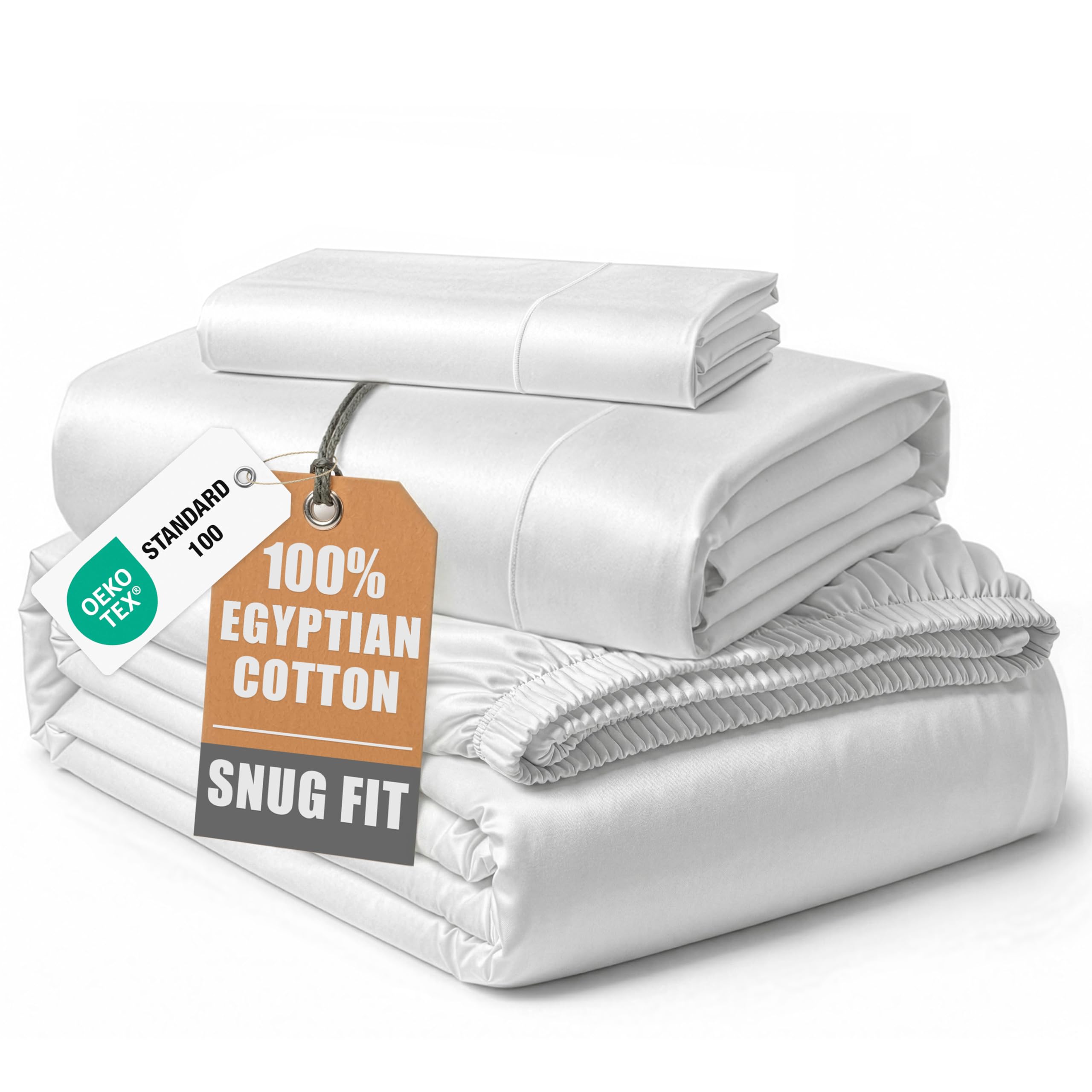 100% Egyptian Cotton Sheets Queen Size - Naturally Cooling & Breathable 4 Piece Silky Sateen Weave Queen Sheet Set, Ultra-Soft & Durable Hotel Luxury Sheets with 15" Snug Fit Deep Pockets - White