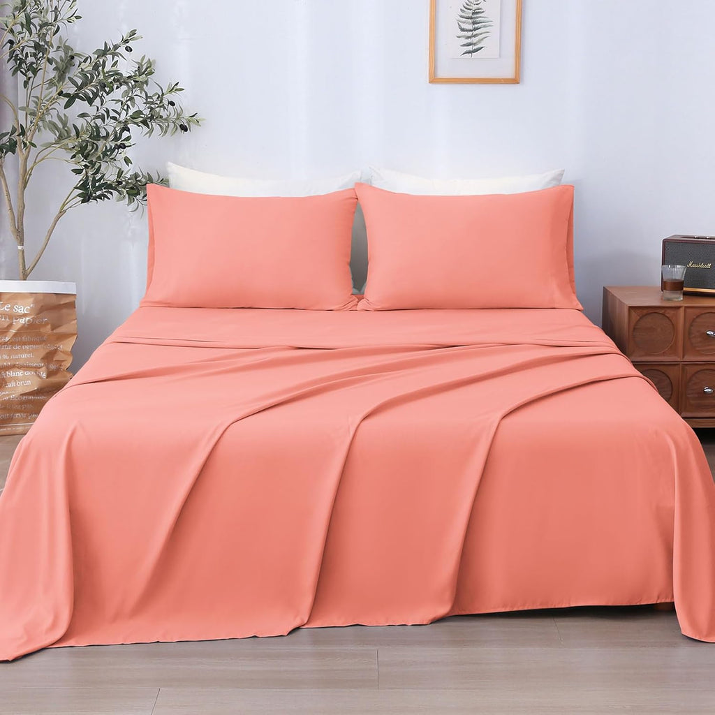 LONAVA Twin Sheet Set 3 Pieces,Peachy Coral Ultra Soft & Breathable Microbifer Sheets, 1600 Thread Count Hotel Luxury Oeko-Tex Bed Sheets, 14-16 Inch Deep Pocket Durable Wrinkle Free Sheets