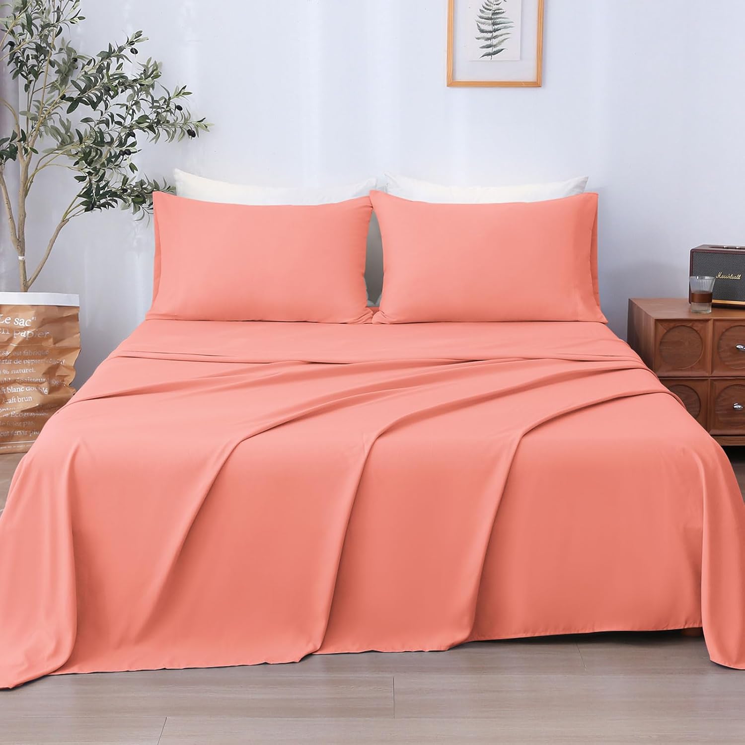 LONAVA Twin Sheet Set 3 Pieces,Peachy Coral Ultra Soft & Breathable Microbifer Sheets, 1600 Thread Count Hotel Luxury Oeko-Tex Bed Sheets, 14-16 Inch Deep Pocket Durable Wrinkle Free Sheets