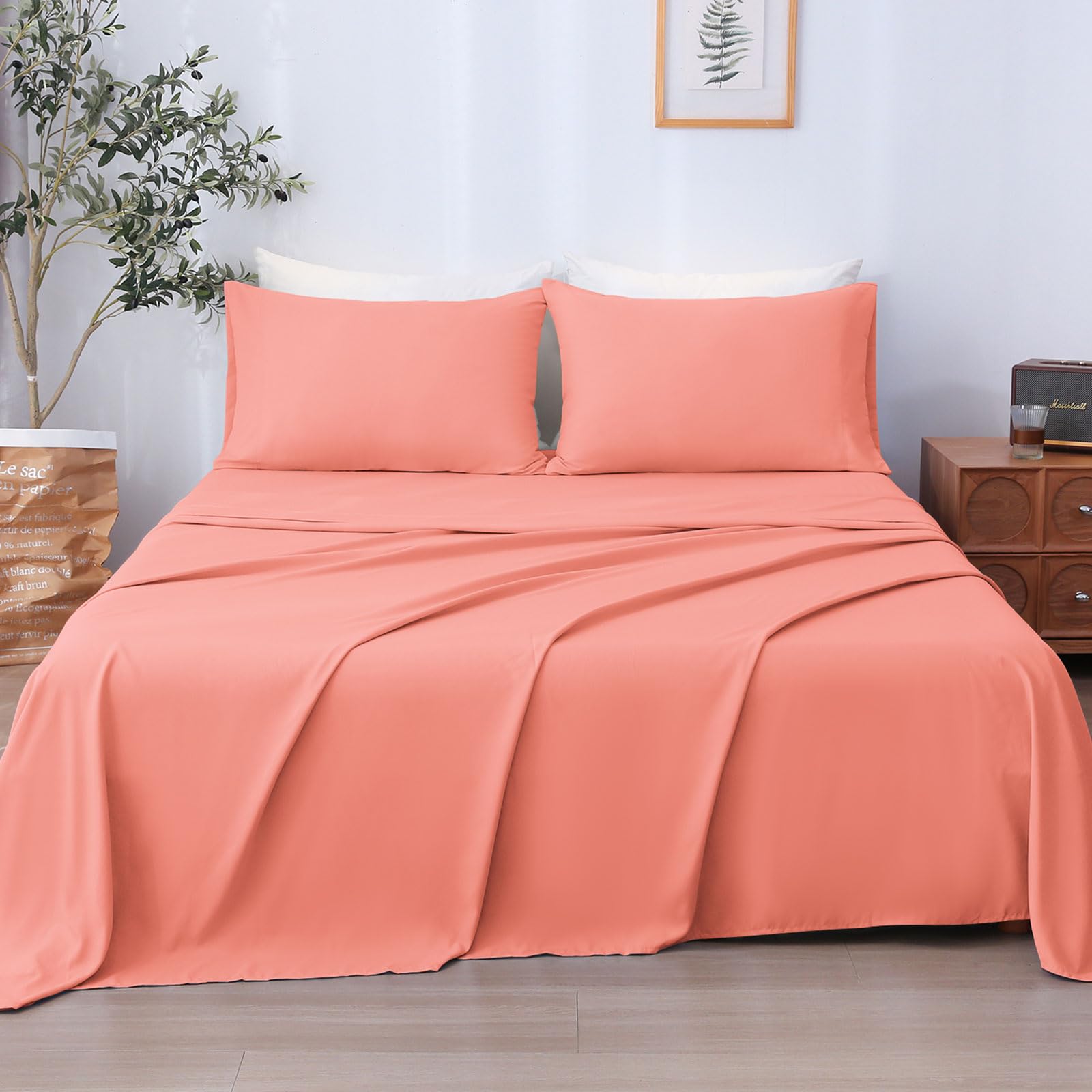 LONAVA Twin Sheet Set 3 Pieces,Peachy Coral Ultra Soft & Breathable Microbifer Sheets, 1600 Thread Count Hotel Luxury Oeko-Tex Bed Sheets, 14-16 Inch Deep Pocket Durable Wrinkle Free Sheets