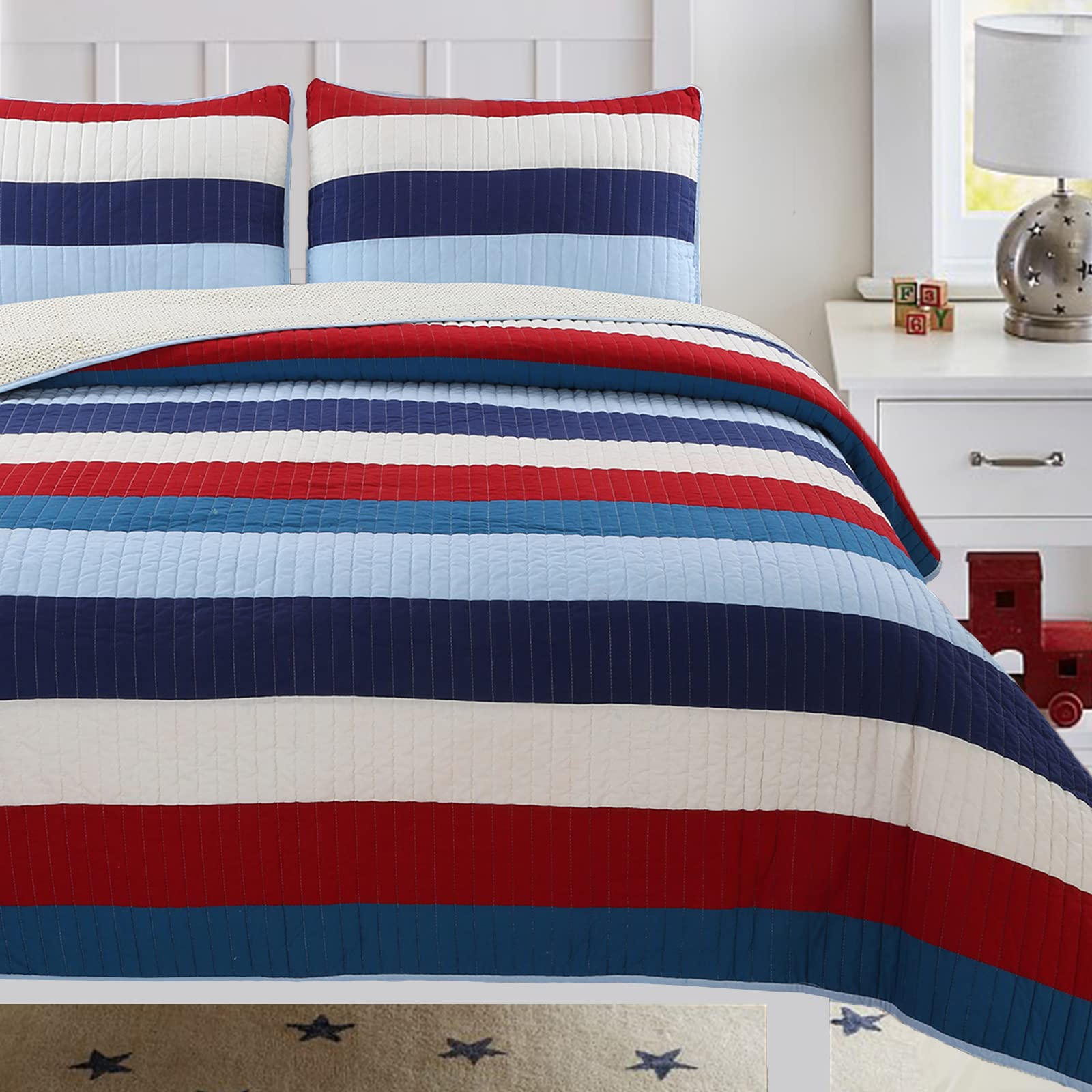 Cozy Line Home Fashions Benjamin Cute Dinosaur Plaid Navy Blue White Grey Bedding Quilt Set 100% Cotton Reversible Coverlet Bedspread Set for Kids Boy(Twin - 2 Piece)