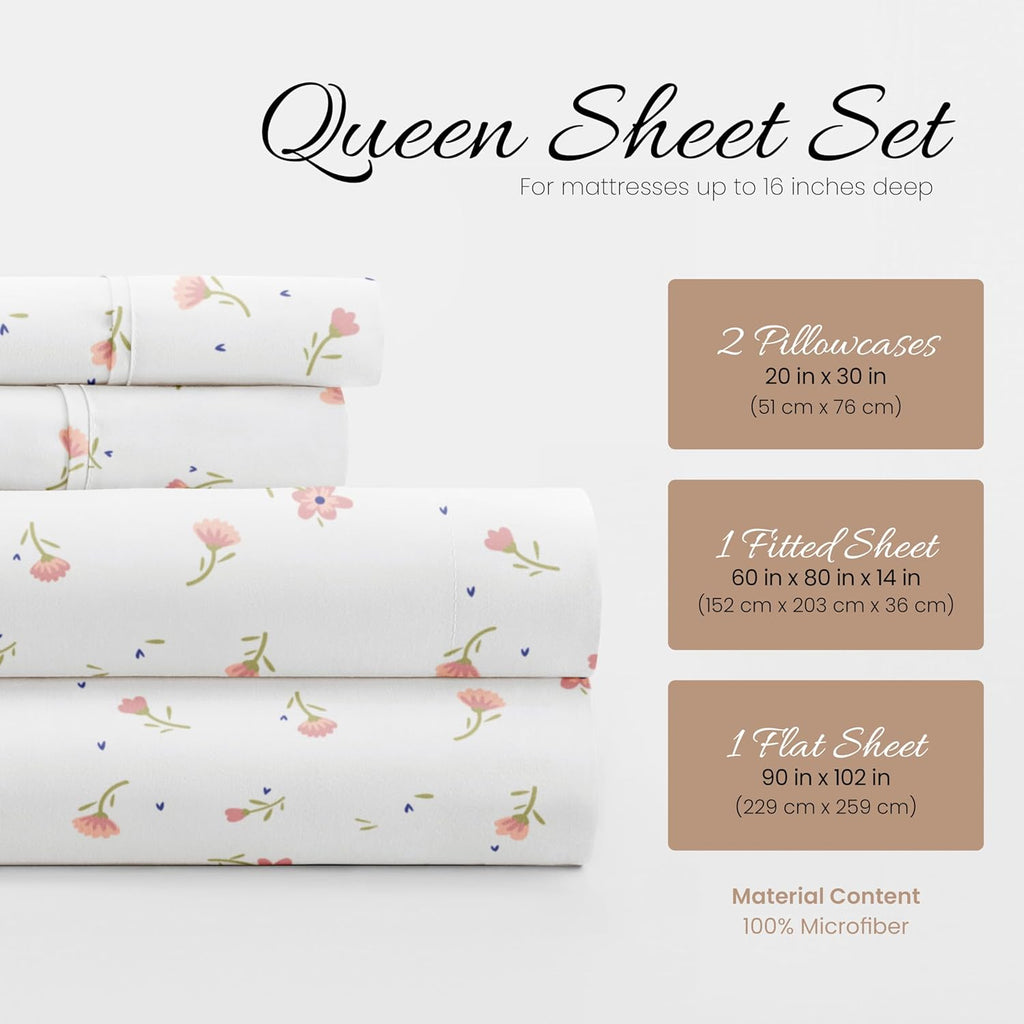 Linen Market 4 Piece Queen Sheet Set - Breathable, Double-Brushed Patterned Cooling Sheets – Oeko-TEX Certified Ultra Soft & Wrinkle-Free 16" Deep-Pocket Queen Sheets - Easy Care Soft Floral Pink