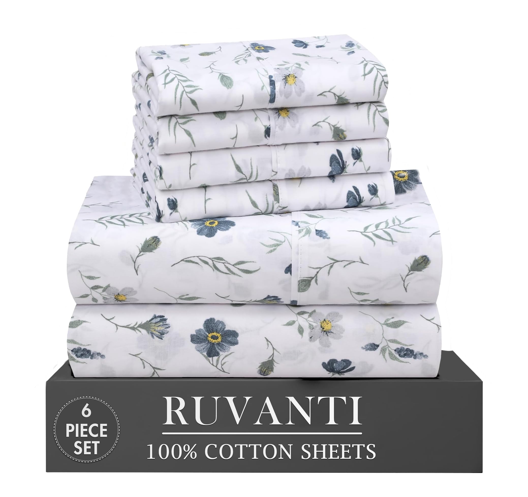 RUVANTI 6 Pcs Cotton Sheets - 100% Natural Cotton Soft, Lightweight & Breathable Crispy Percale Bed Sheets, Queen Sheet Set 16" Deep Pockets, Wild Flower