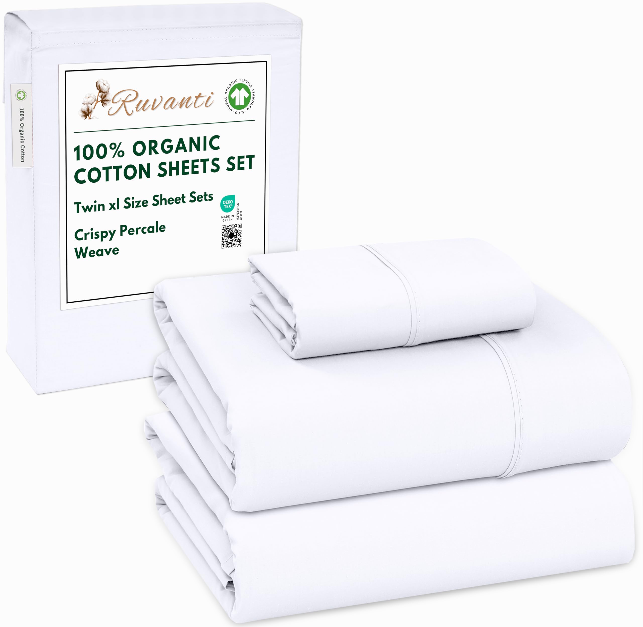 RUVANTI 100% Organic Cotton Sheets Queen Size, Percale Weave, GOTS Certified, 4-Piece Set, Deep Pocket 15", Crisp & Breathable, Soft Durable Bedding, Sábanas Algodón Orgánico – Daisy Bud