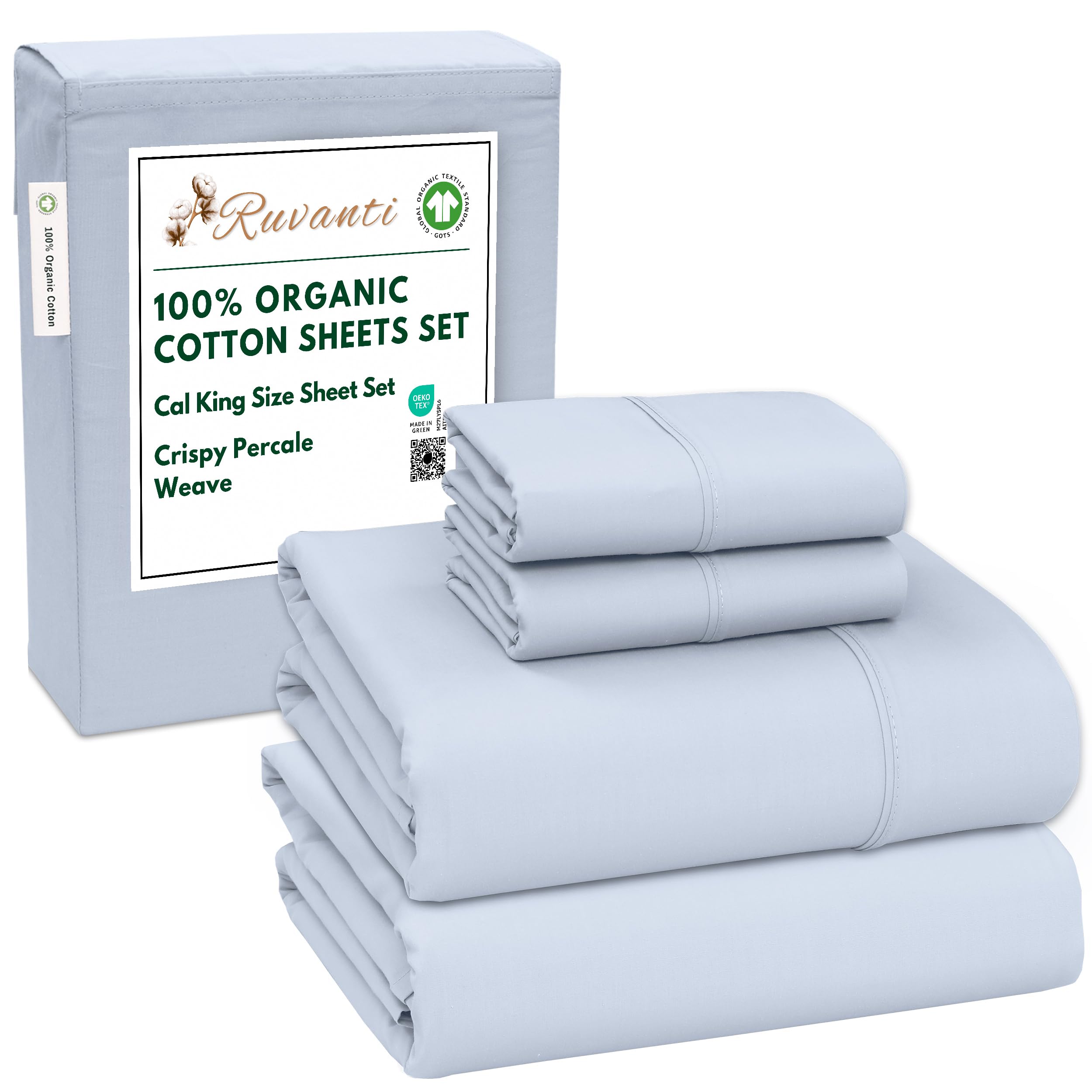 RUVANTI 100% Organic Cotton Sheets Queen Size, Percale Weave, GOTS Certified, 4-Piece Set, Deep Pocket 15", Crisp & Breathable, Soft Durable Bedding, Sábanas Algodón Orgánico – Daisy Bud