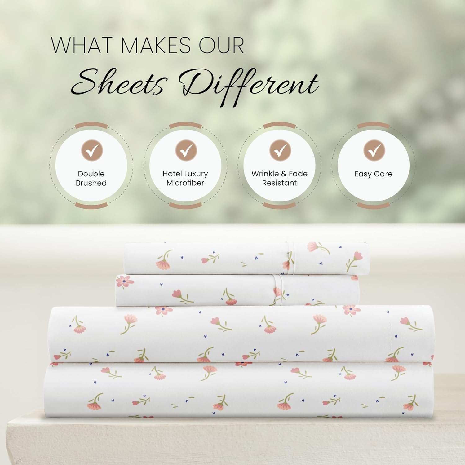 Linen Market 4 Piece Queen Sheet Set - Breathable, Double-Brushed Patterned Cooling Sheets – Oeko-TEX Certified Ultra Soft & Wrinkle-Free 16" Deep-Pocket Queen Sheets - Easy Care Soft Floral Pink
